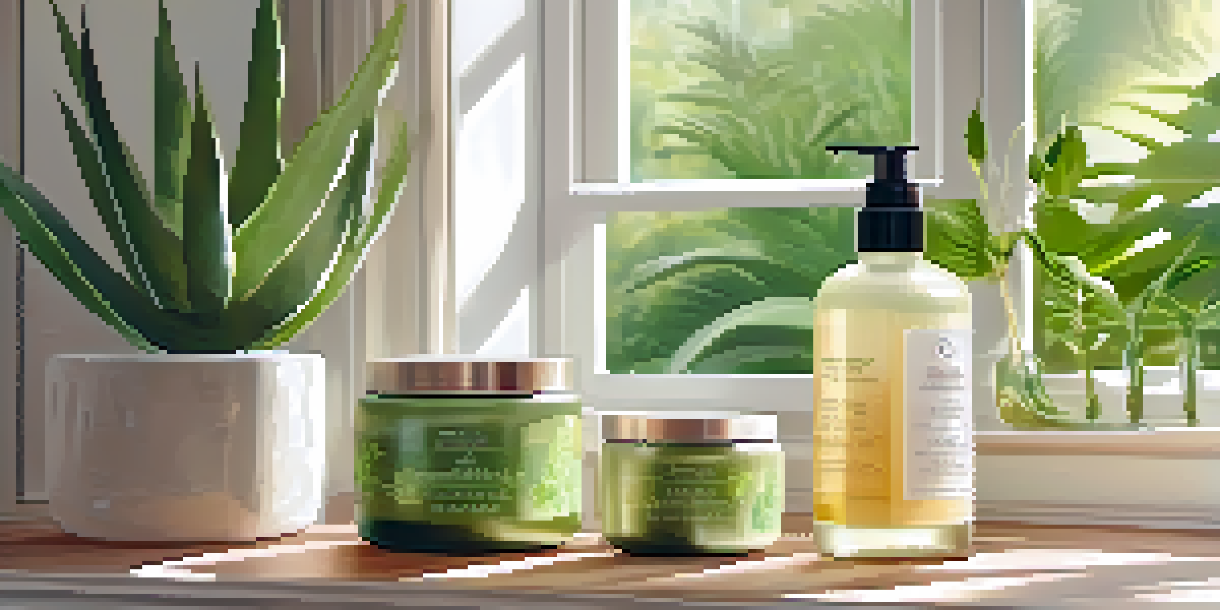 A peaceful bathroom setting with natural plant-based beauty products displayed on a wooden shelf, surrounded by green plants and soft sunlight.