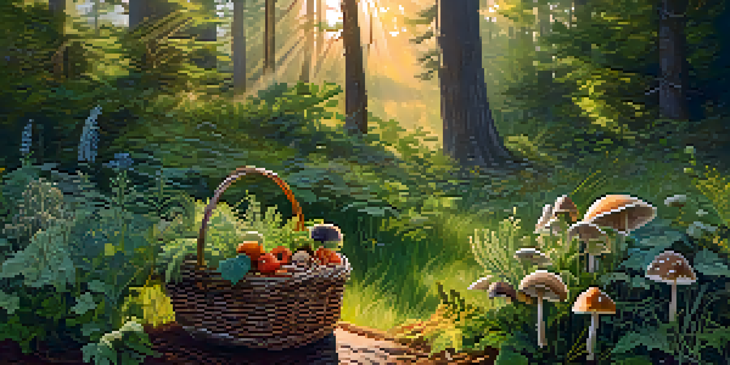A peaceful forest setting with sunlight shining through the trees, a basket filled with foraged plants, and an open field guide on the ground.
