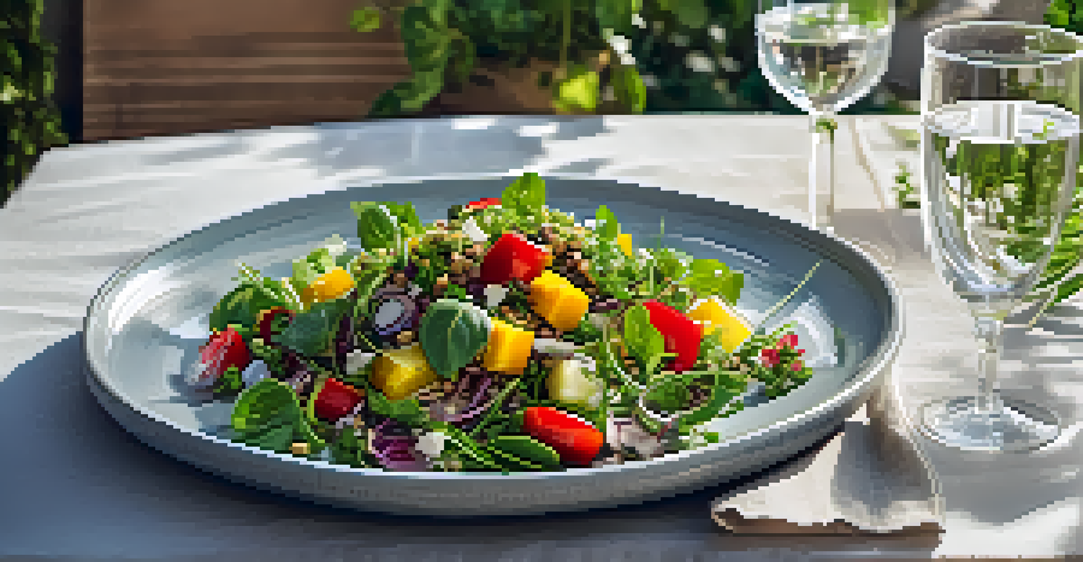 A beautifully arranged table featuring a plant-based Mediterranean salad and a glass of infused water, set in an outdoor environment.