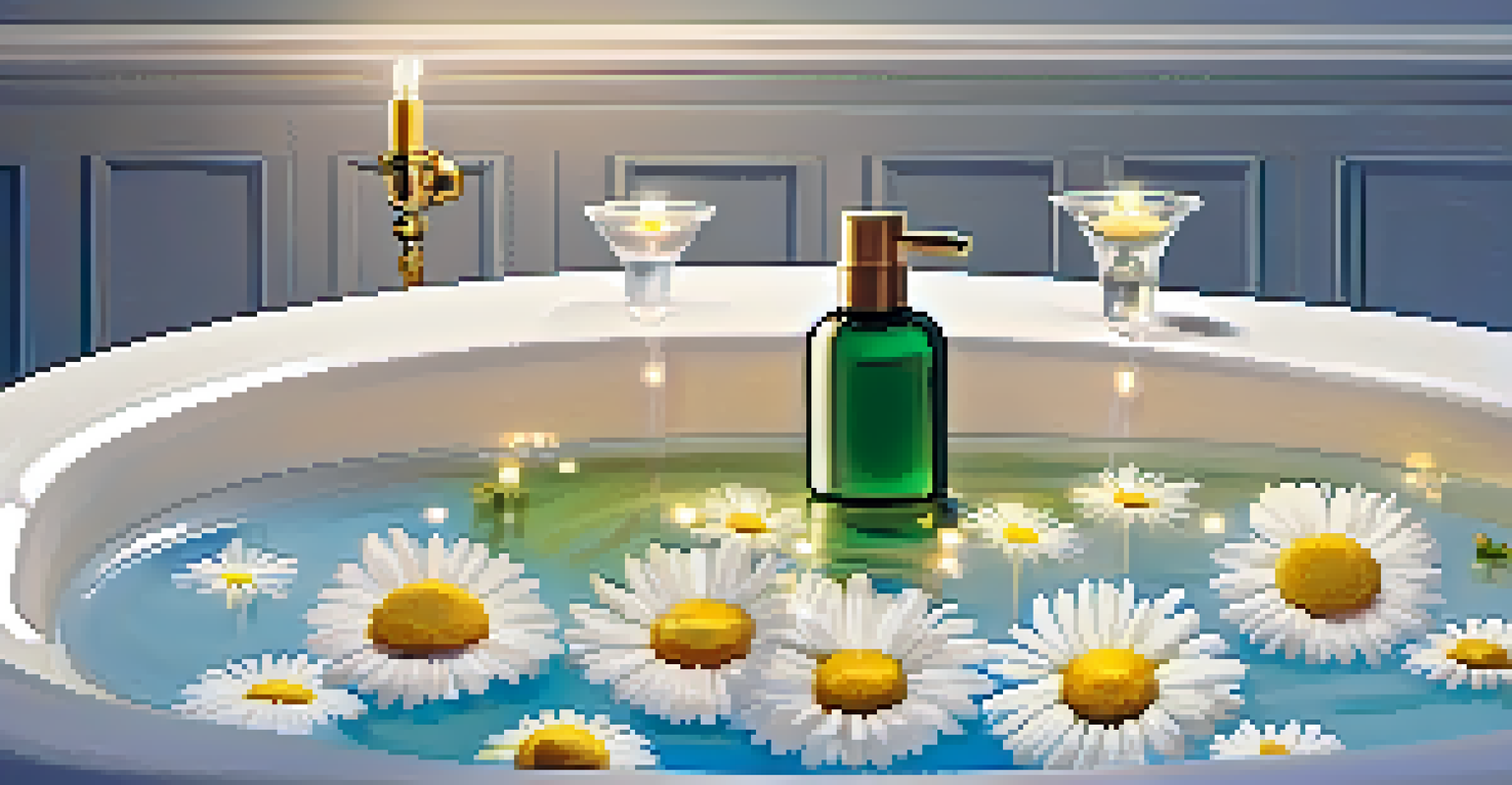 A relaxing bathroom with a bubble-filled bathtub, candles, and chamomile essential oil on the edge, creating a tranquil atmosphere.