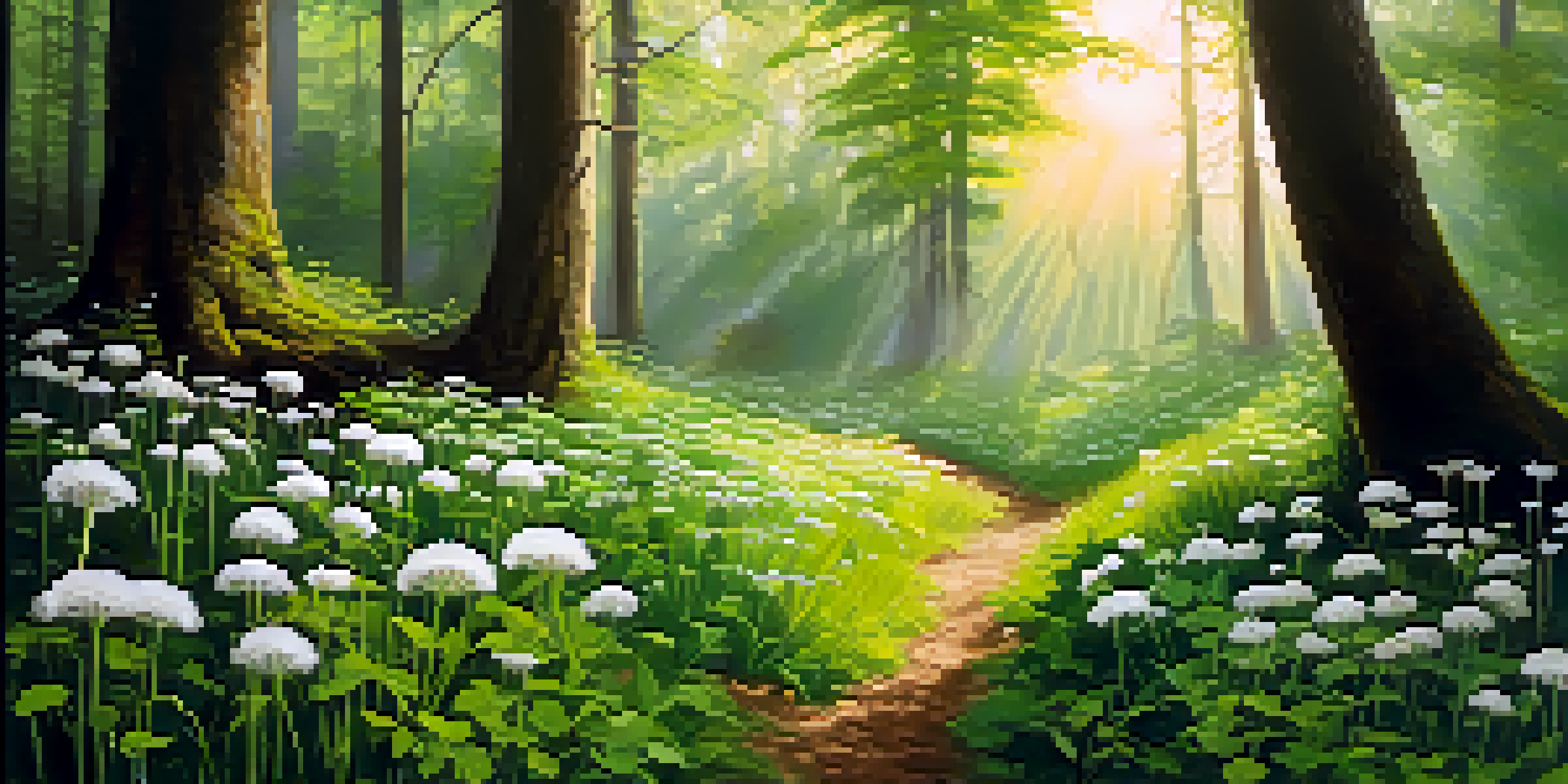 A peaceful forest scene filled with various wild edible plants under gentle sunlight.