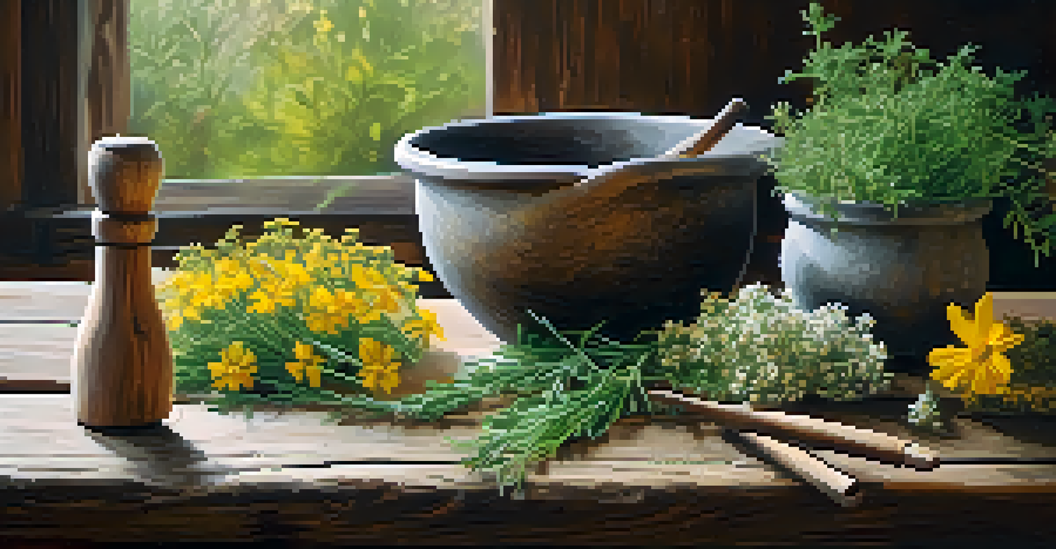Close-up of hands holding a mortar and pestle with fresh herbs like St. John's Wort and chamomile.