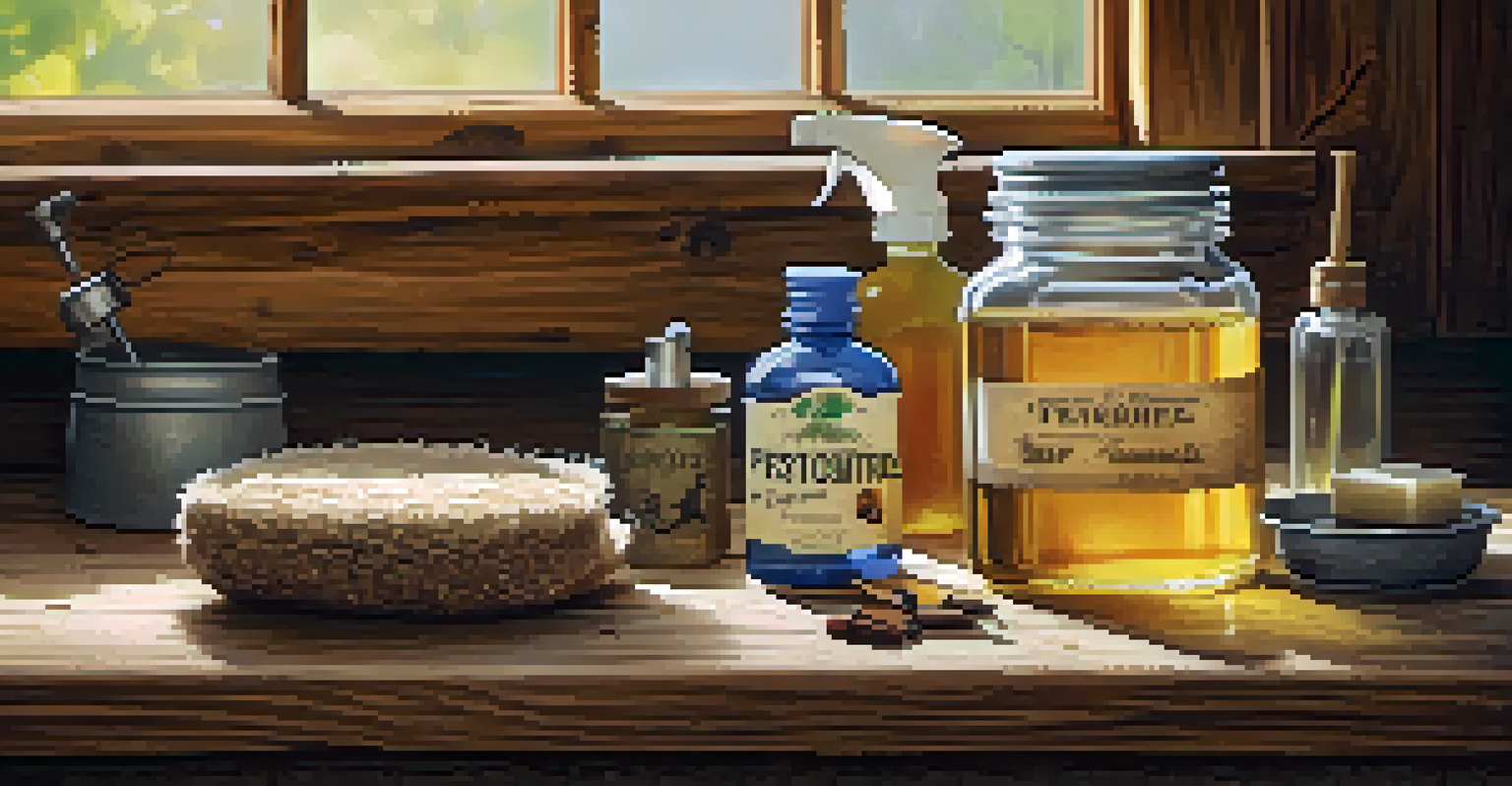 A rustic kitchen counter displaying homemade pest control ingredients like soap, vinegar, and essential oils, with a glass spray bottle.