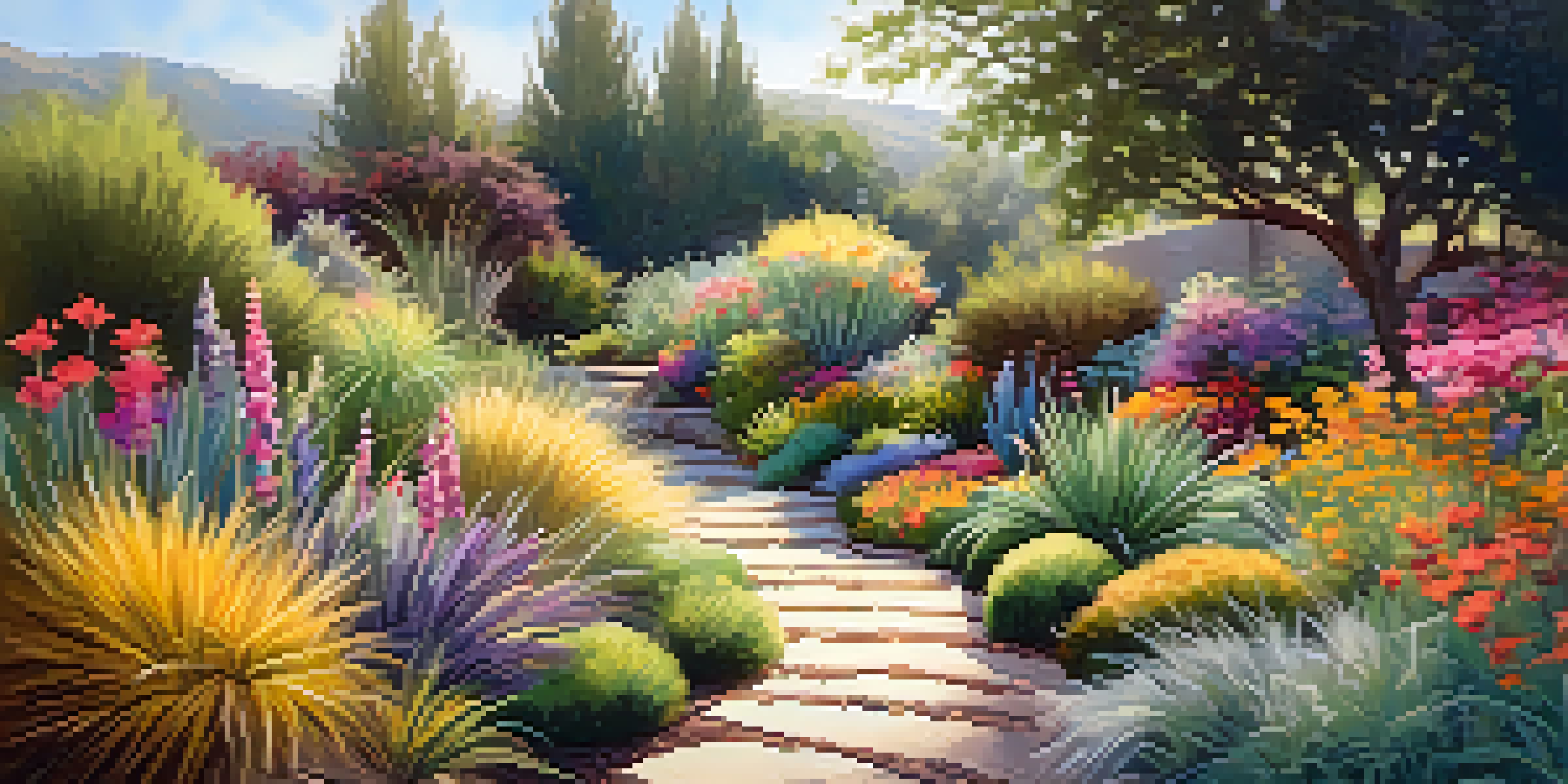 A colorful garden featuring drought-resistant plants, including flowering perennials and ornamental grasses, with a stone pathway under warm sunlight.