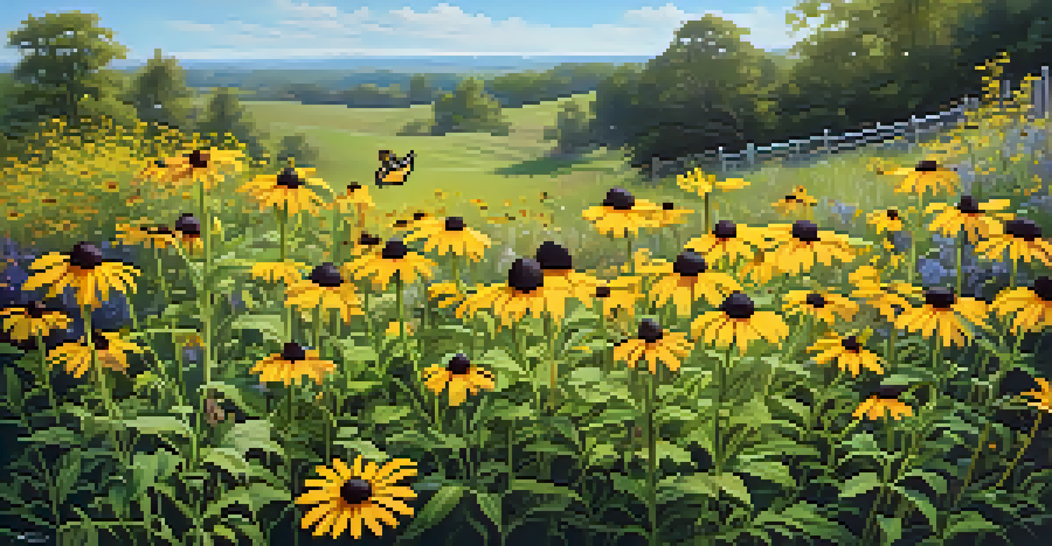 A colorful array of Black-Eyed Susans with butterflies in a sunny garden.