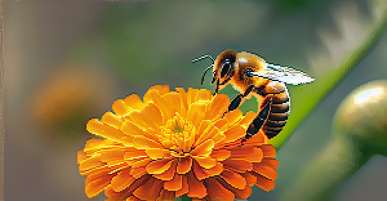 A close-up of a honeybee on a marigold flower, showcasing the details of the bee and flower.