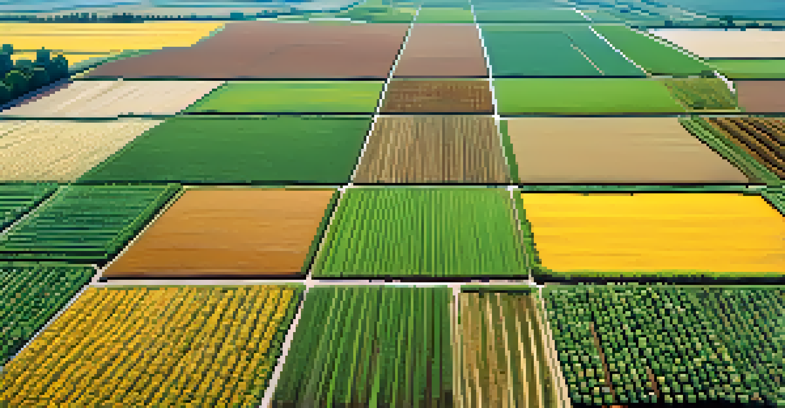 An aerial view of an agricultural field showing diverse crops in colorful patches under a clear blue sky.