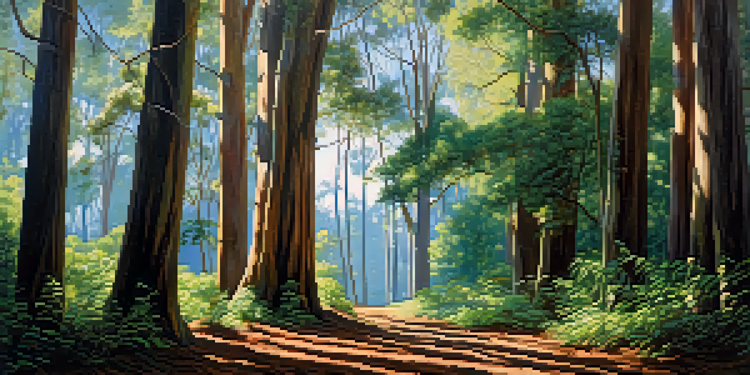 A peaceful eucalyptus forest with tall trees and sunlight filtering through green leaves.
