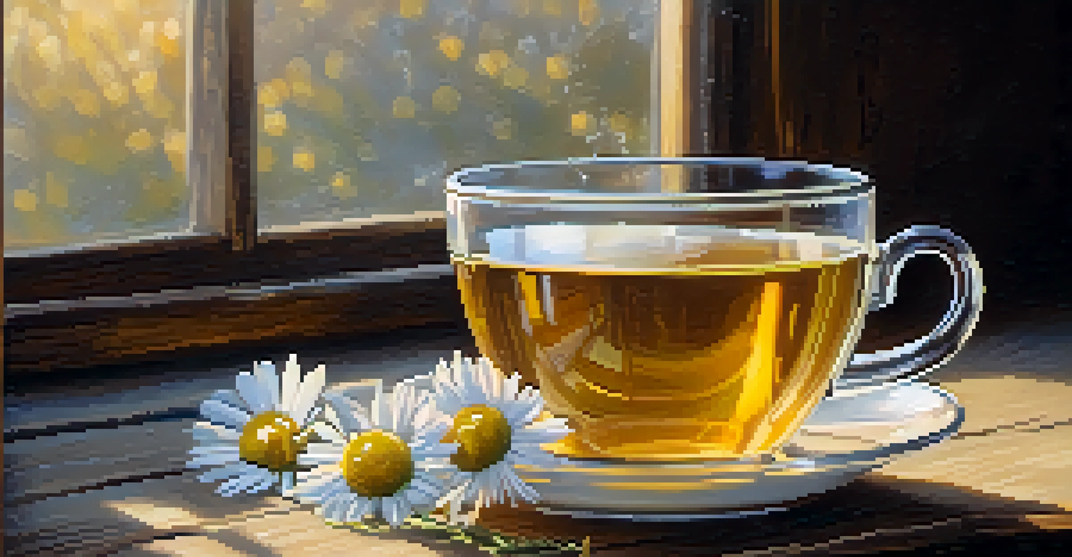 A cup of chamomile tea on a wooden table with dried flowers, illuminated by soft light.