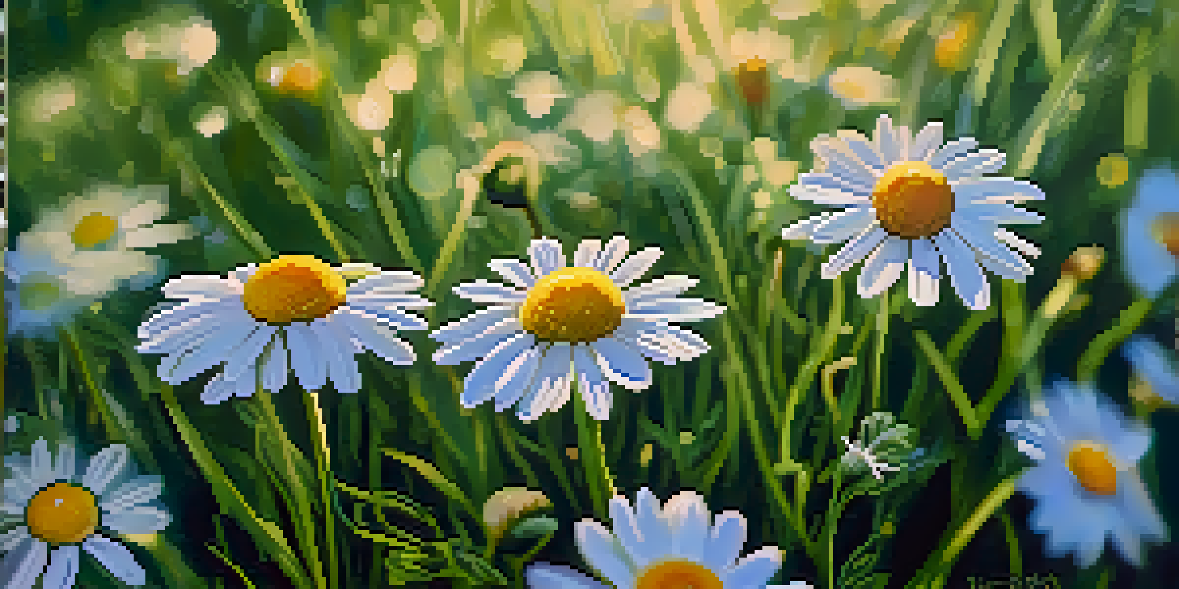 A close-up view of chamomile flowers with dew drops, set in a green field under a bright sky.