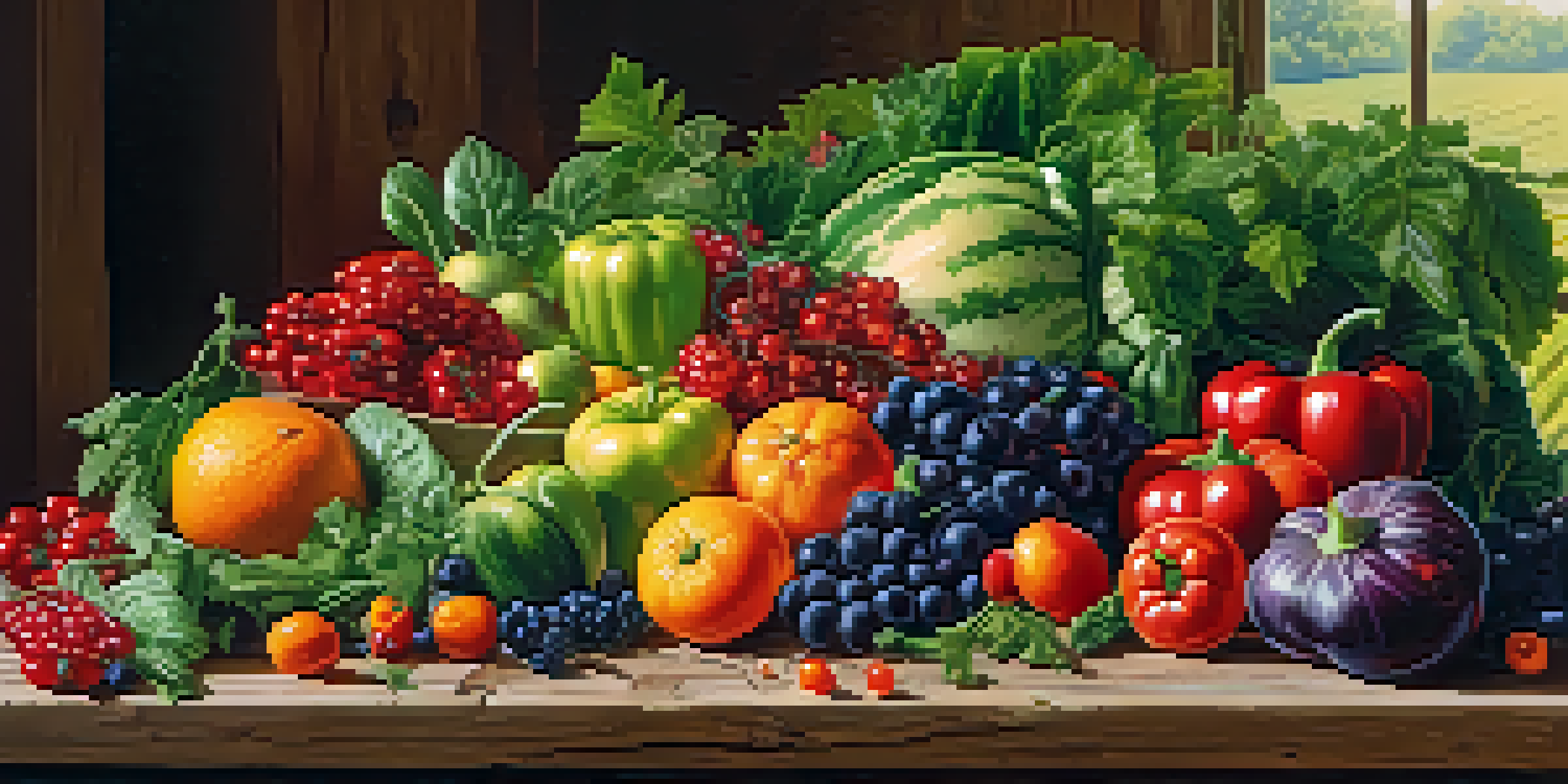 A variety of colorful fruits and vegetables arranged on a wooden table, with natural sunlight shining through leaves.