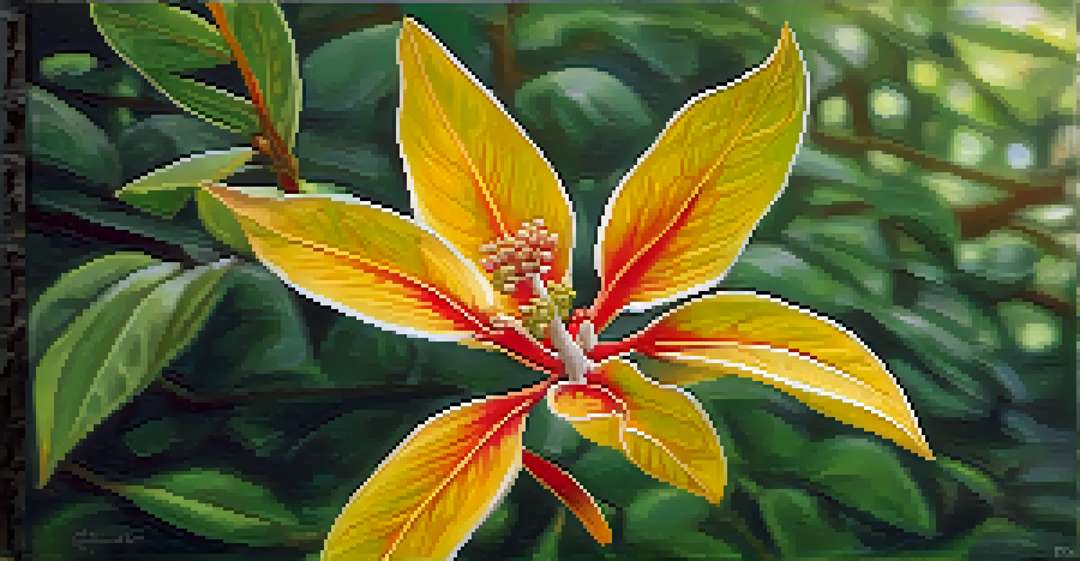 Close-up of *Saraca indica* plant showcasing its vibrant flowers and leaves, with a blurred forest background.