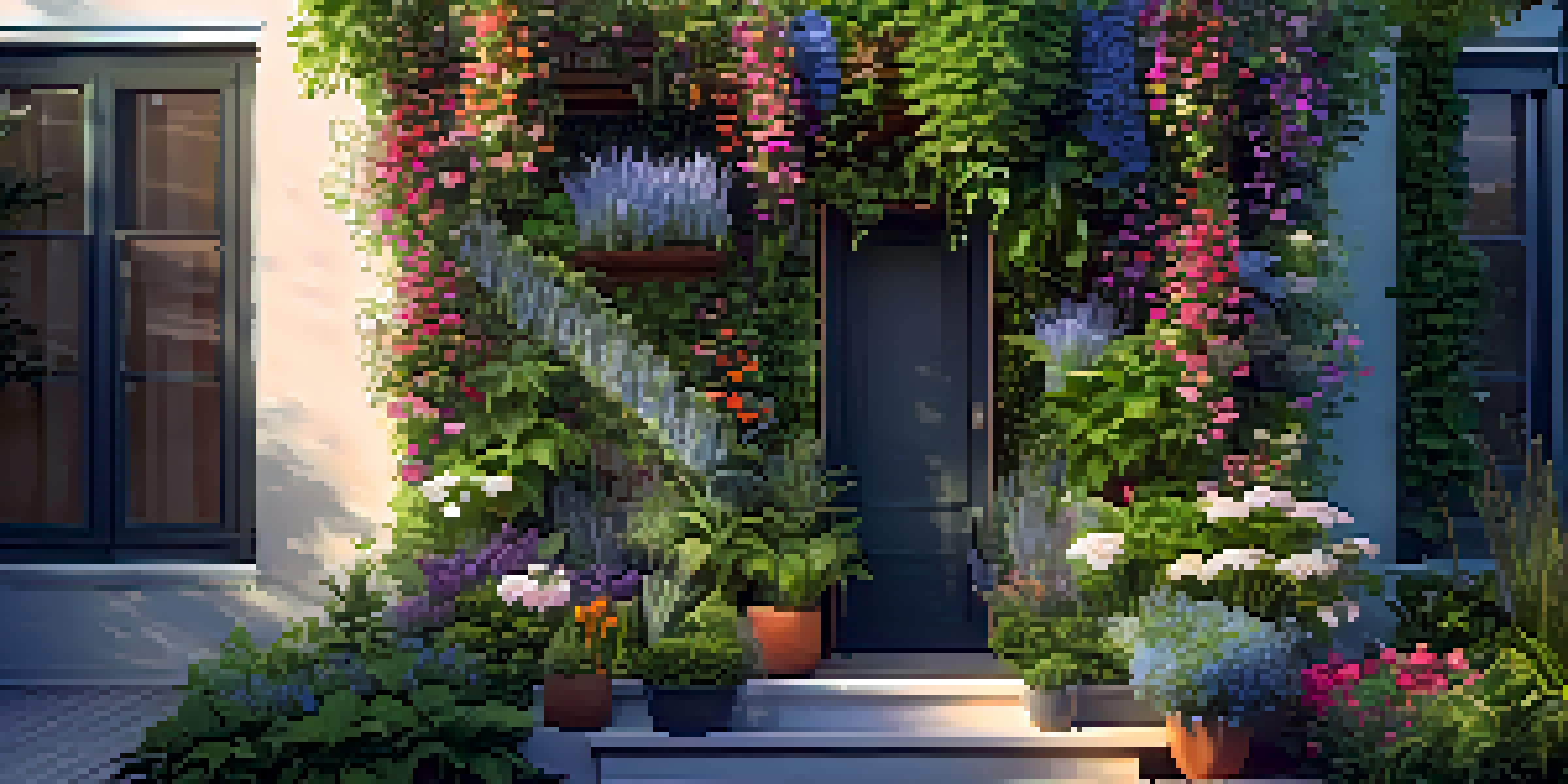 A colorful vertical garden with climbing vines, cascading flowers, and compact herbs in a sunny backyard.