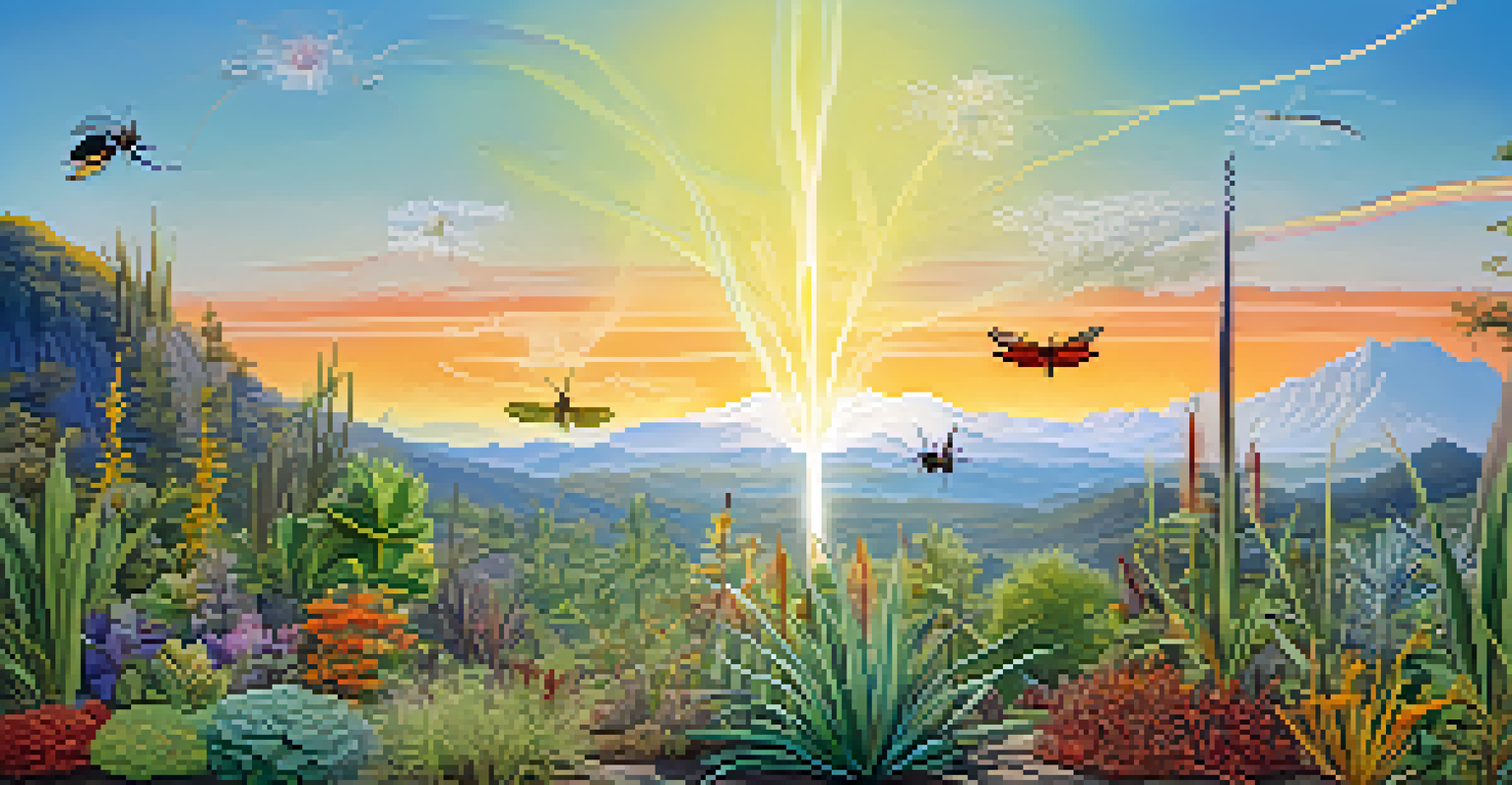 A diverse plant ecosystem with colorful vapor trails representing chemical signals and beneficial insects, under a sunny sky.