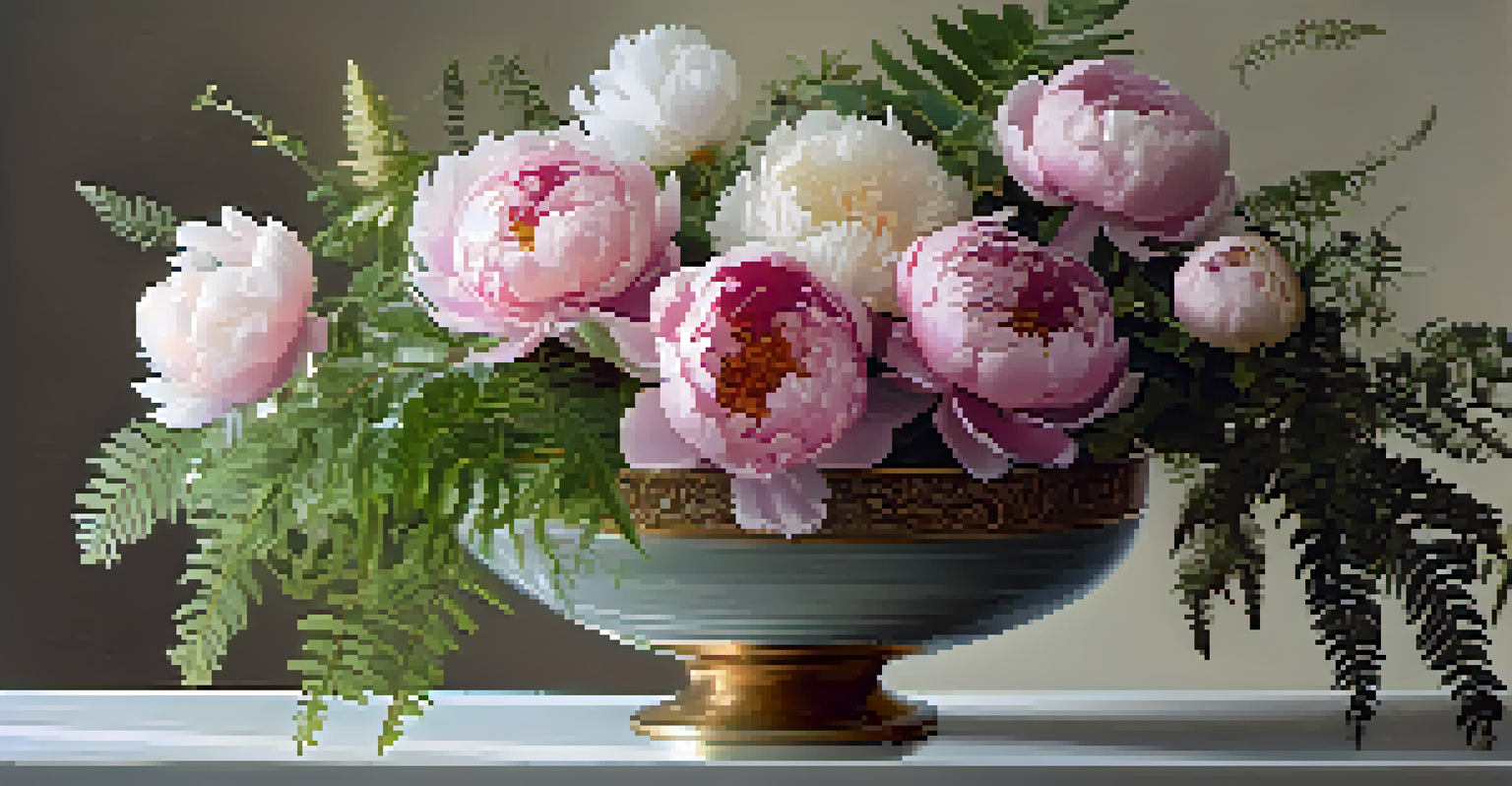 A layered floral arrangement with large peonies and delicate ferns in a pastel bowl, arranged to create depth and tranquility.