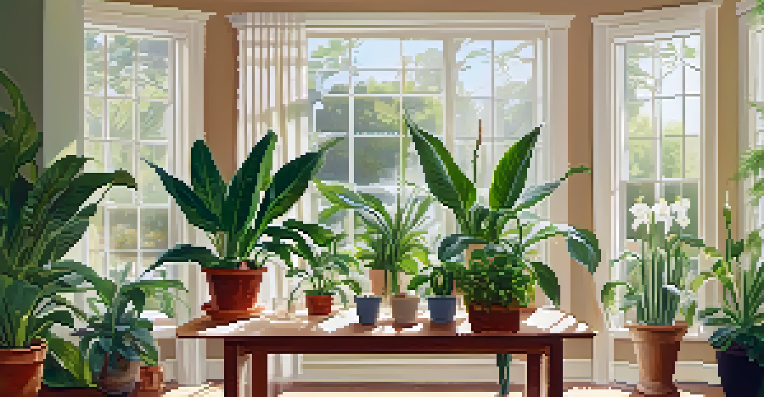 An indoor garden with various houseplants by a window, soft natural light filtering through sheer curtains, and gardening tools on a table.