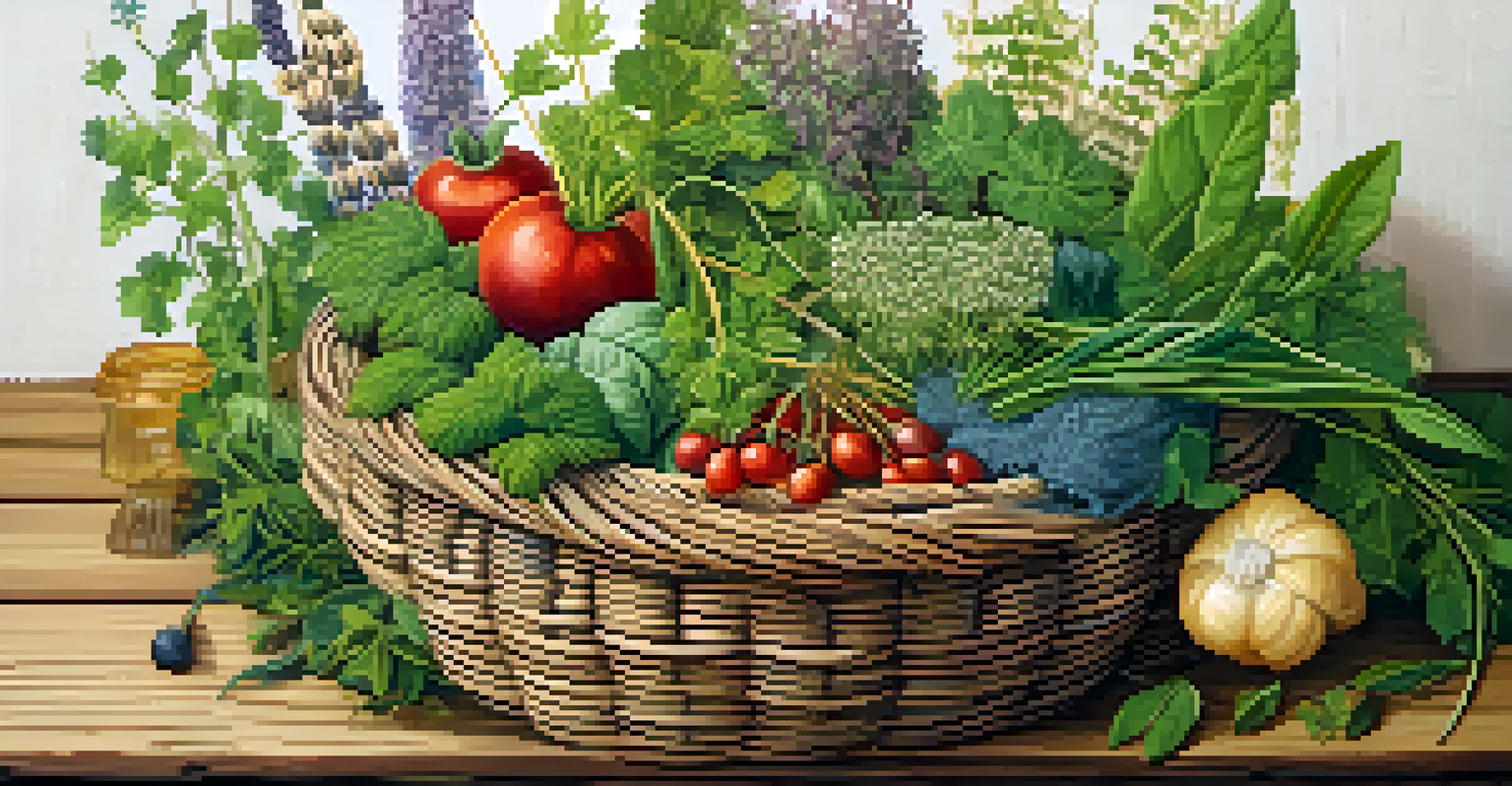 A traditional basket filled with fresh medicinal plants and herbs on a wooden table, displaying vibrant colors and textures.
