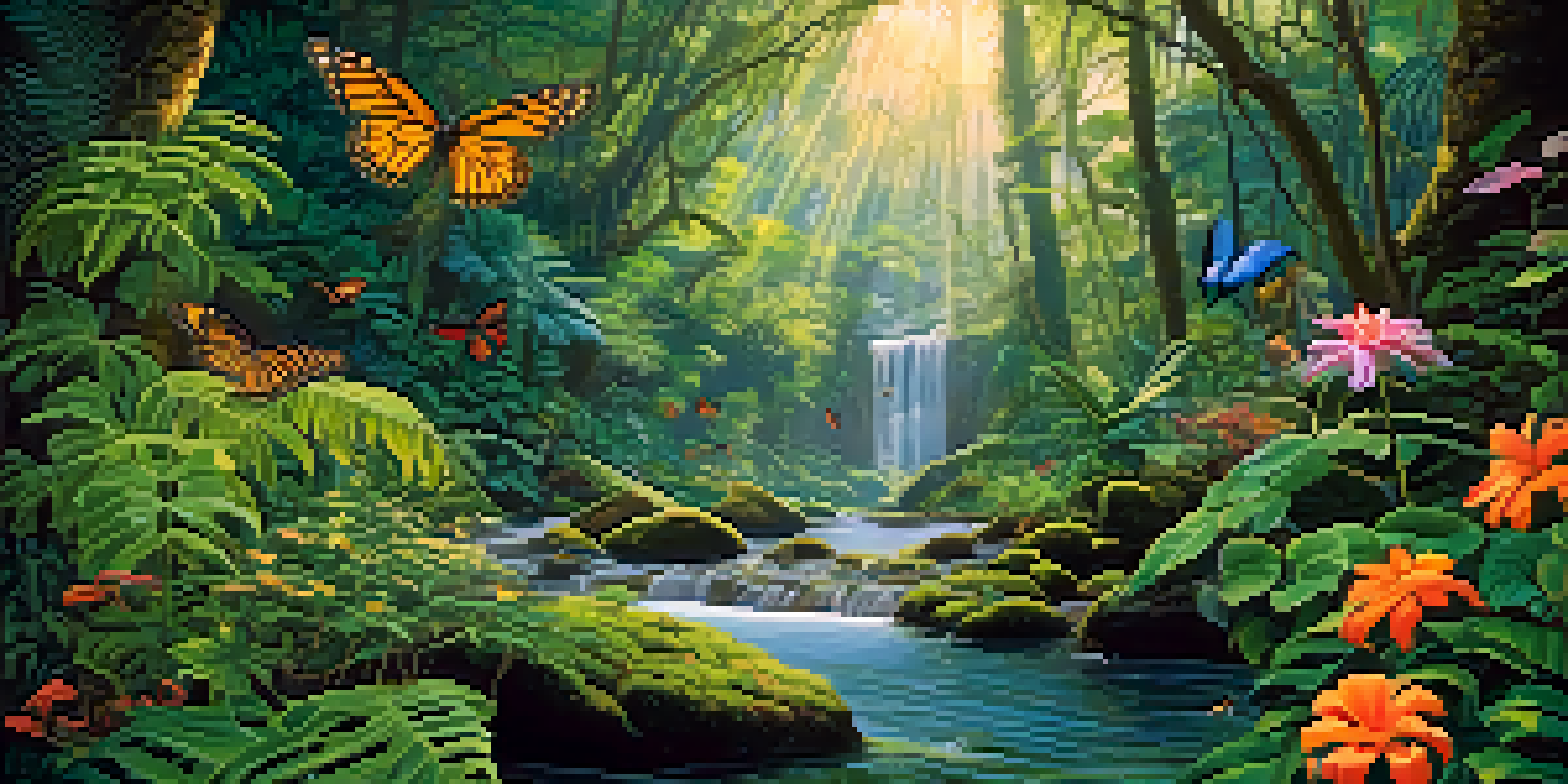 A vibrant rainforest with tall trees, colorful flowers, and a clear stream, illuminated by sunlight filtering through the leaves.