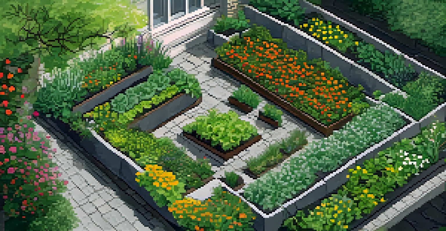 An organized edible garden layout with raised beds and stone pathways, showcasing various plants.
