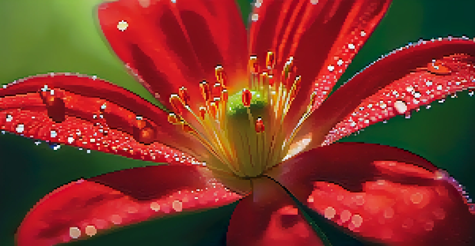 A close-up of a vibrant red flower with dew drops, softly blurred green background, illuminated by warm golden hour sunlight.