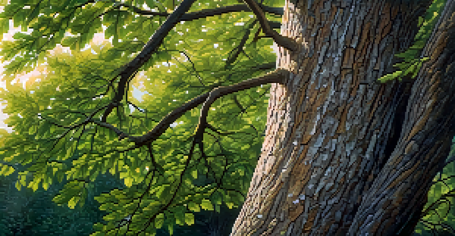 A close-up of a mature tree with textured bark and dew-covered leaves, with birds perched on its branches in soft morning light.