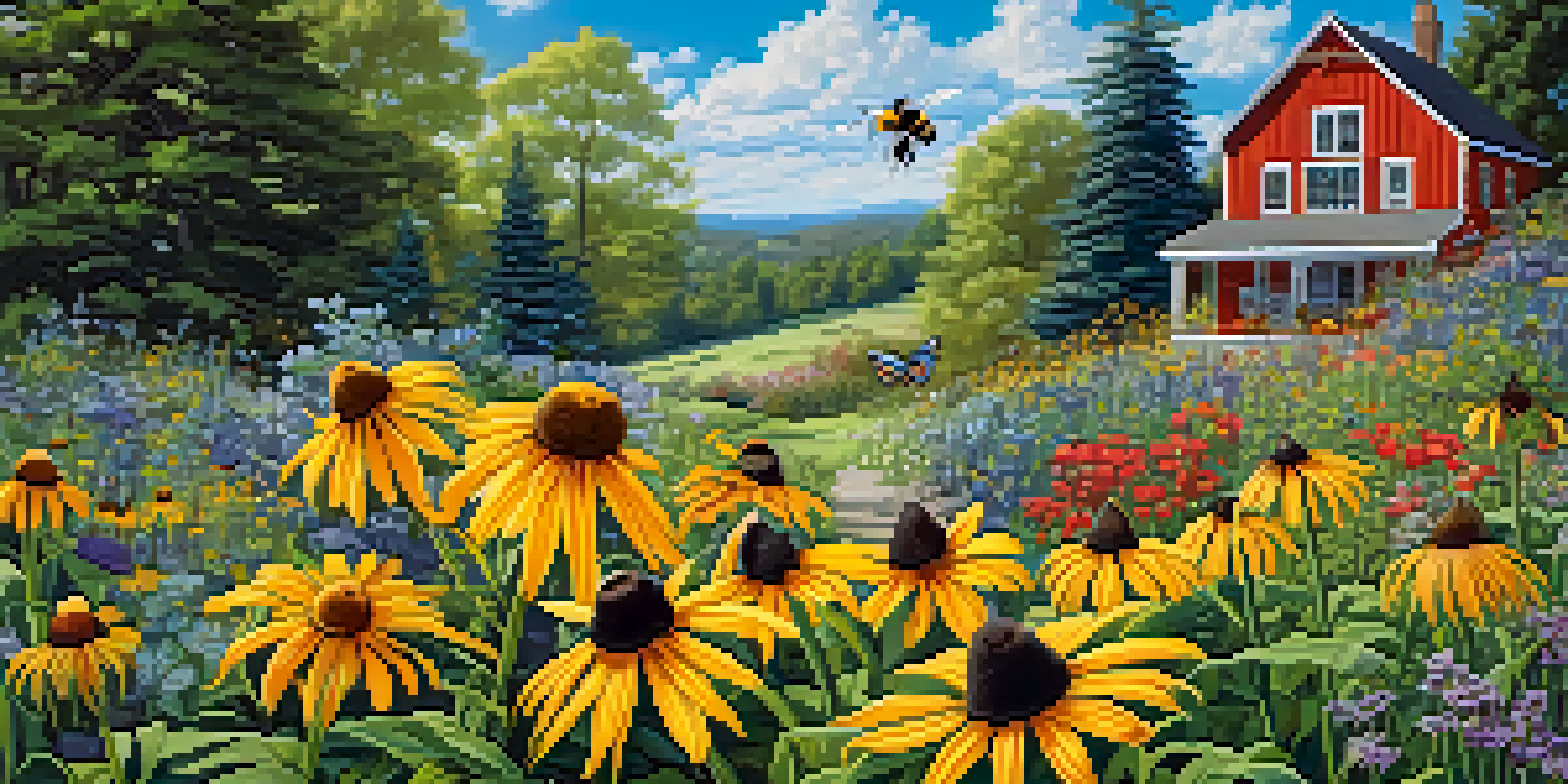 A colorful spring garden featuring native wildflowers attracting pollinators under a sunny sky.