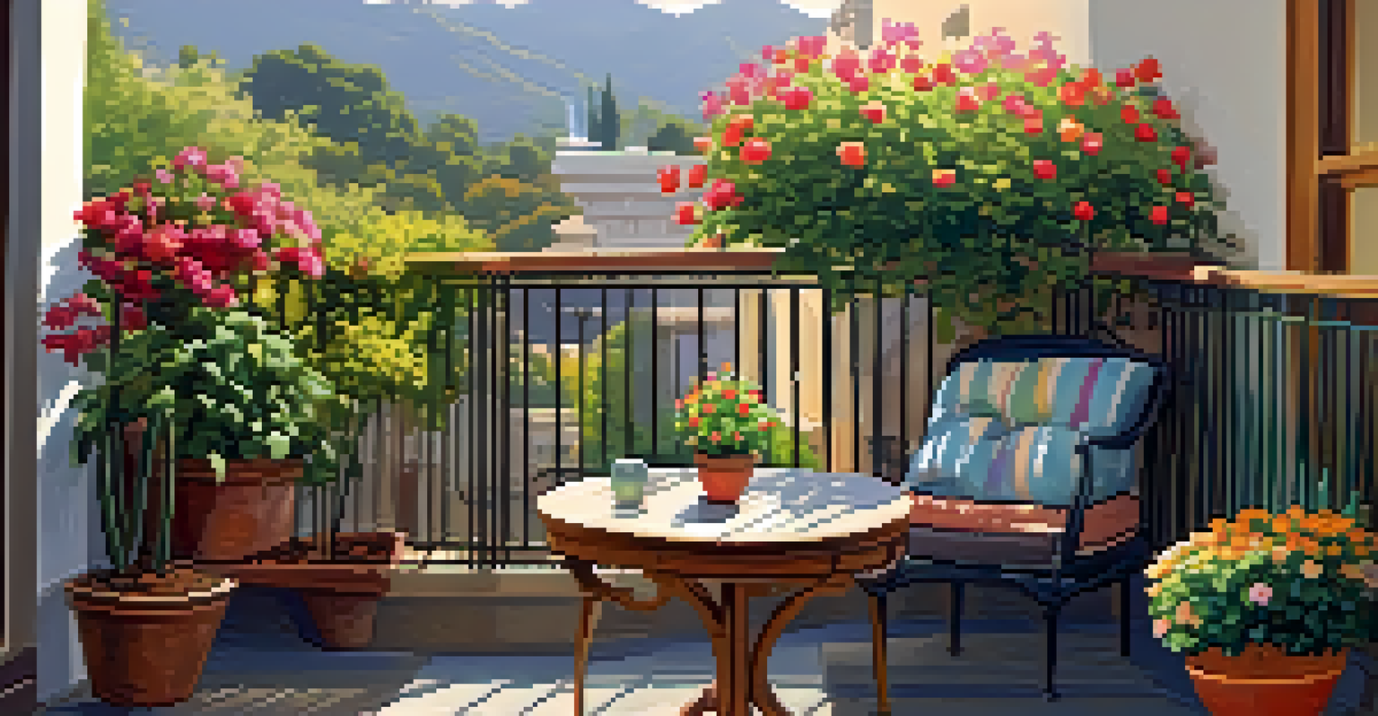 A bright outdoor balcony garden with vibrant flowers, a water fountain, and comfortable seating, bathed in sunlight.