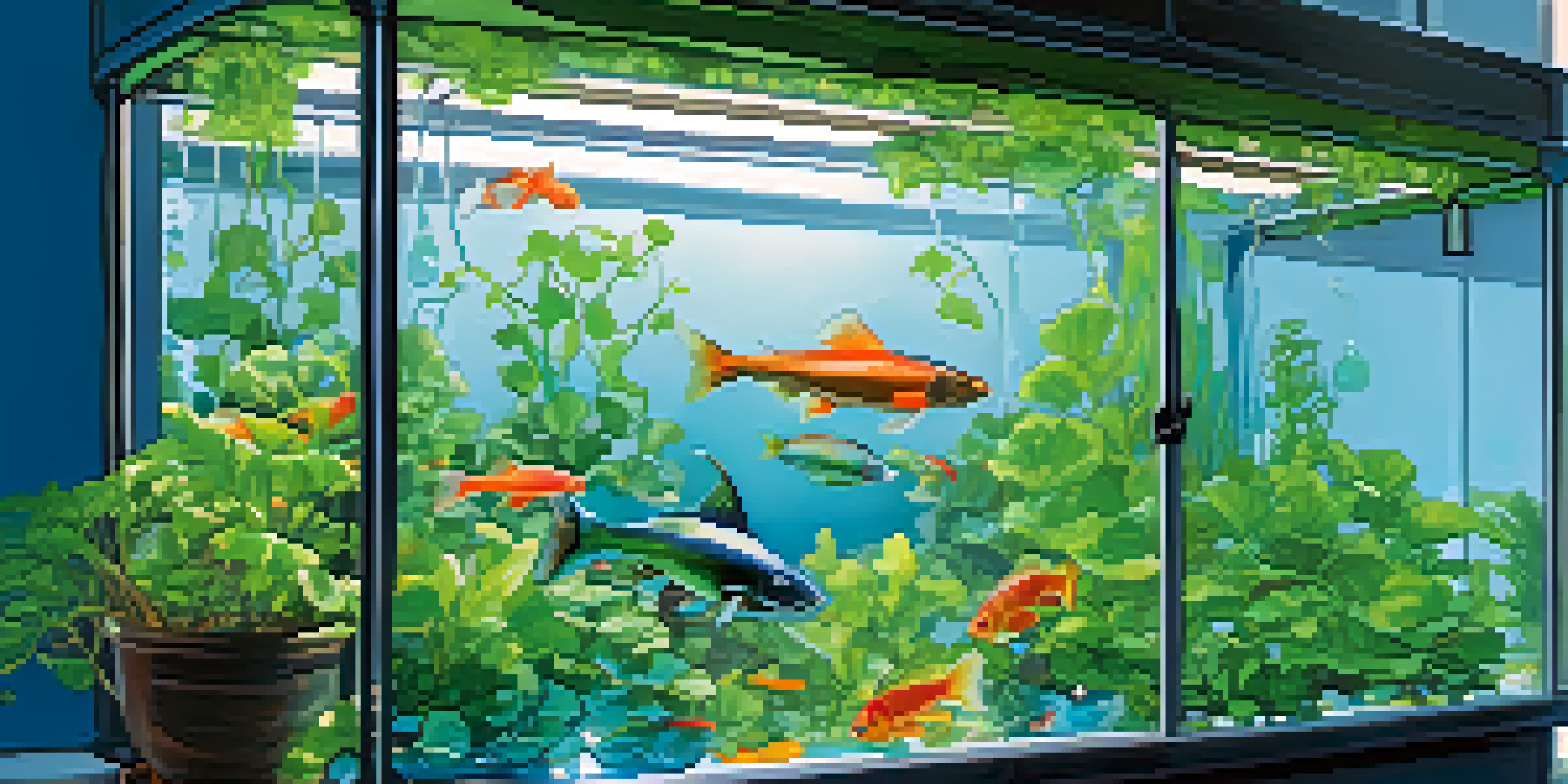 A colorful aquaponics system with leafy greens above a clear fish tank filled with fish, illuminated by sunlight.