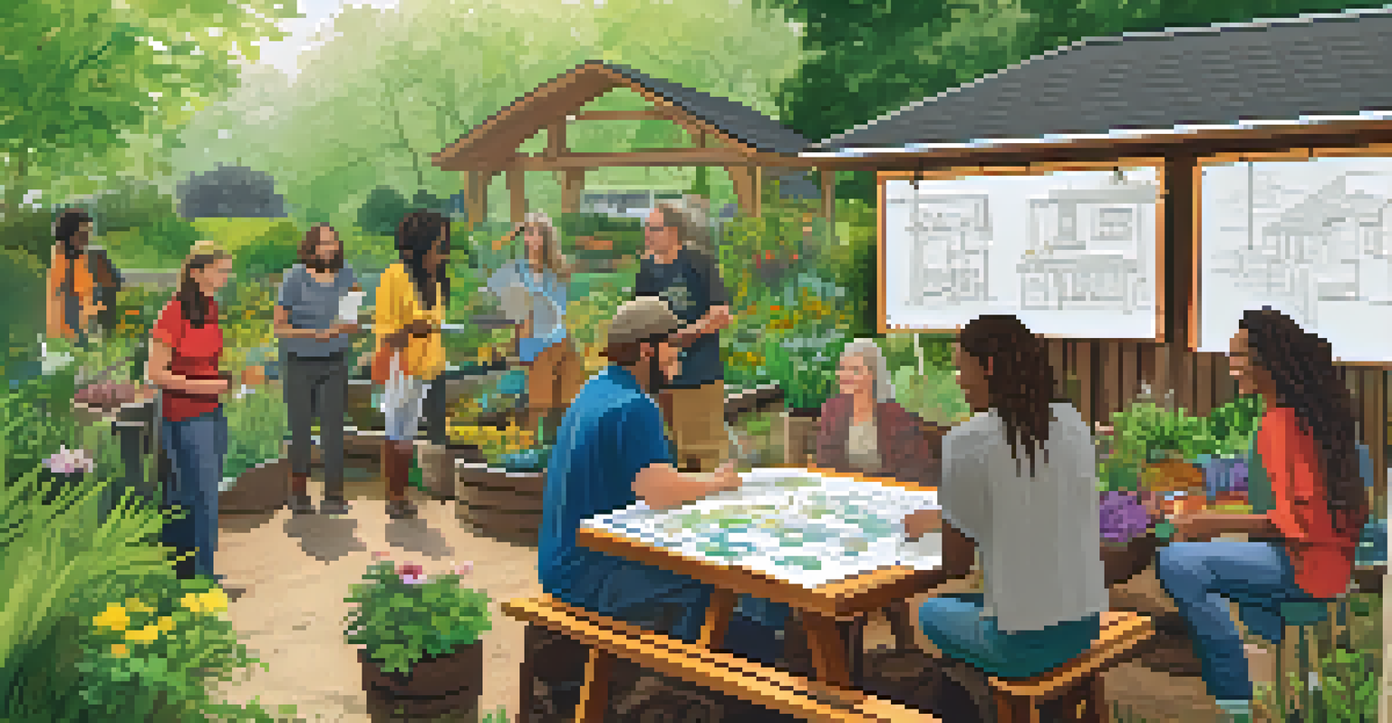 A community workshop in a permaculture garden, where people are collaboratively working on a rain garden project with colorful plants around.