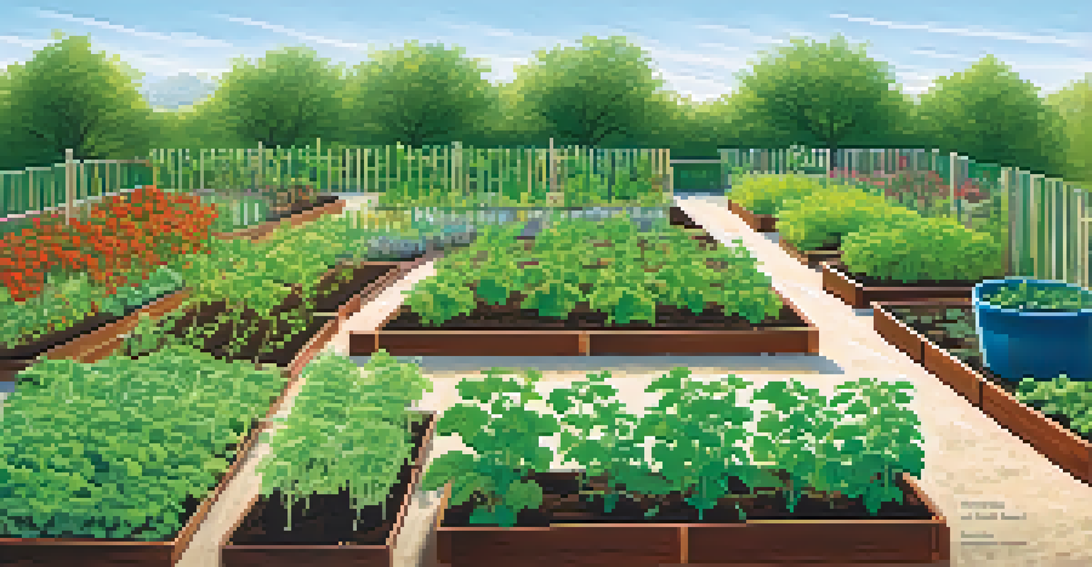 A well-organized garden showing companion planting with tomatoes and various herbs, featuring labeled plants and a watering can.