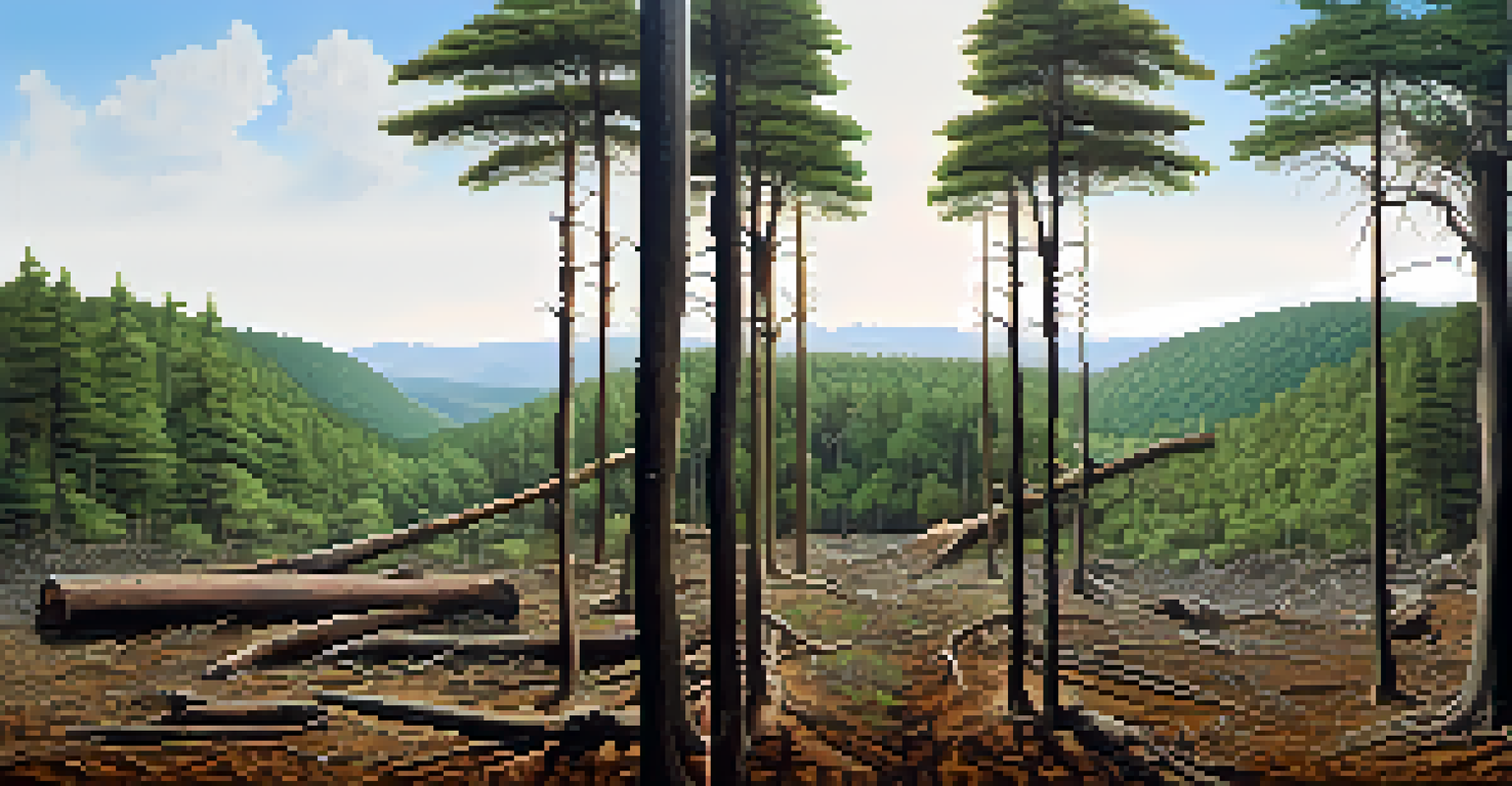 A split image showing a lush forest on one side and a barren landscape with tree stumps on the other, illustrating the impact of deforestation.