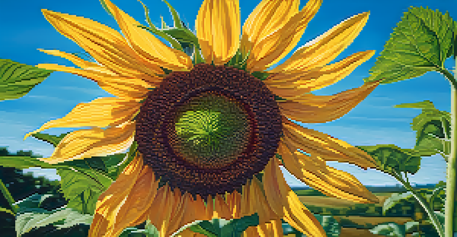 A close-up view of a sunflower in a field under a blue sky, highlighting its yellow petals and seed pattern.
