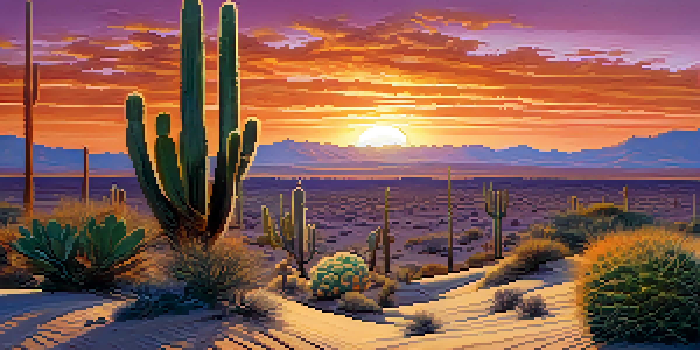 A sunset over a desert landscape with colorful skies and cacti in the foreground.