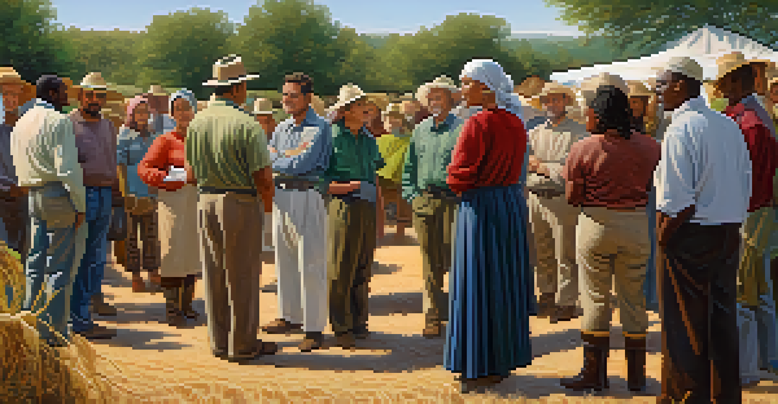 A diverse group of farmers and consumers discussing genetic engineering in agriculture at an outdoor meeting.