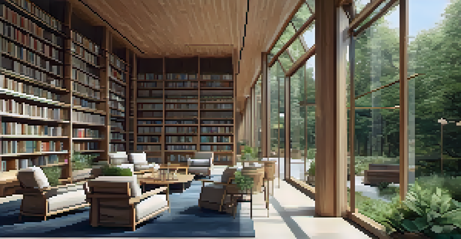 A library with large glass walls surrounded by greenery, filled with natural light and wooden bookshelves.