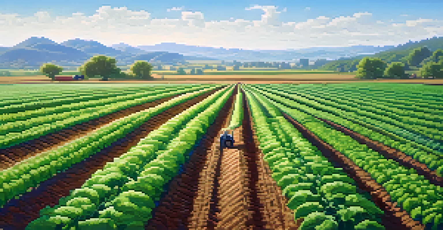 An agricultural landscape with green crops and a farmer applying microbial inoculants under a clear blue sky.
