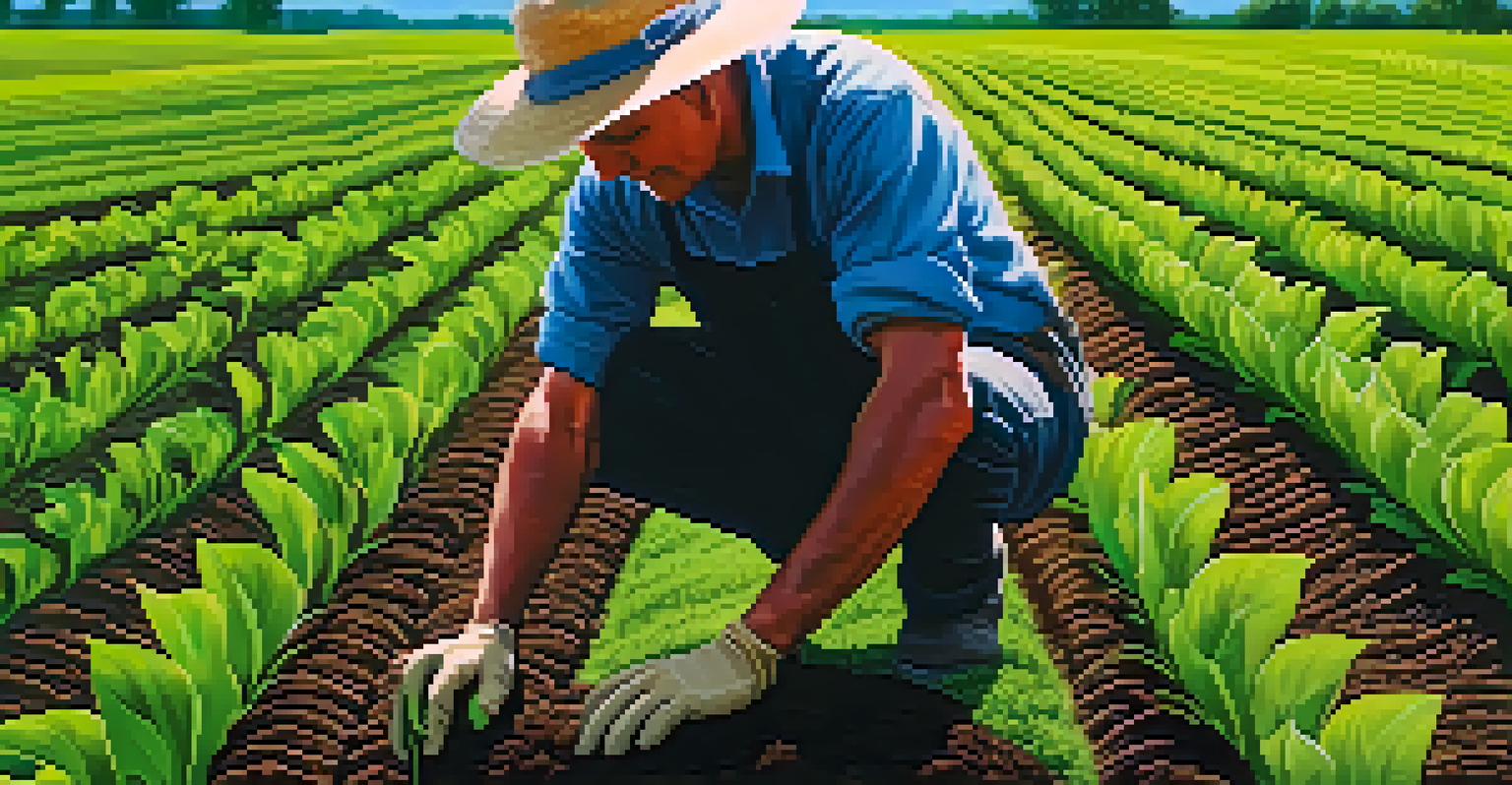 A farmer planting a sapling in a field of green crops, emphasizing agroforestry practices.