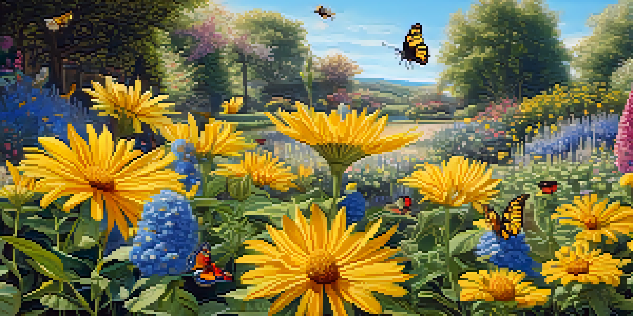 A colorful garden with blue and yellow flowers attracting bees and butterflies under warm sunlight.