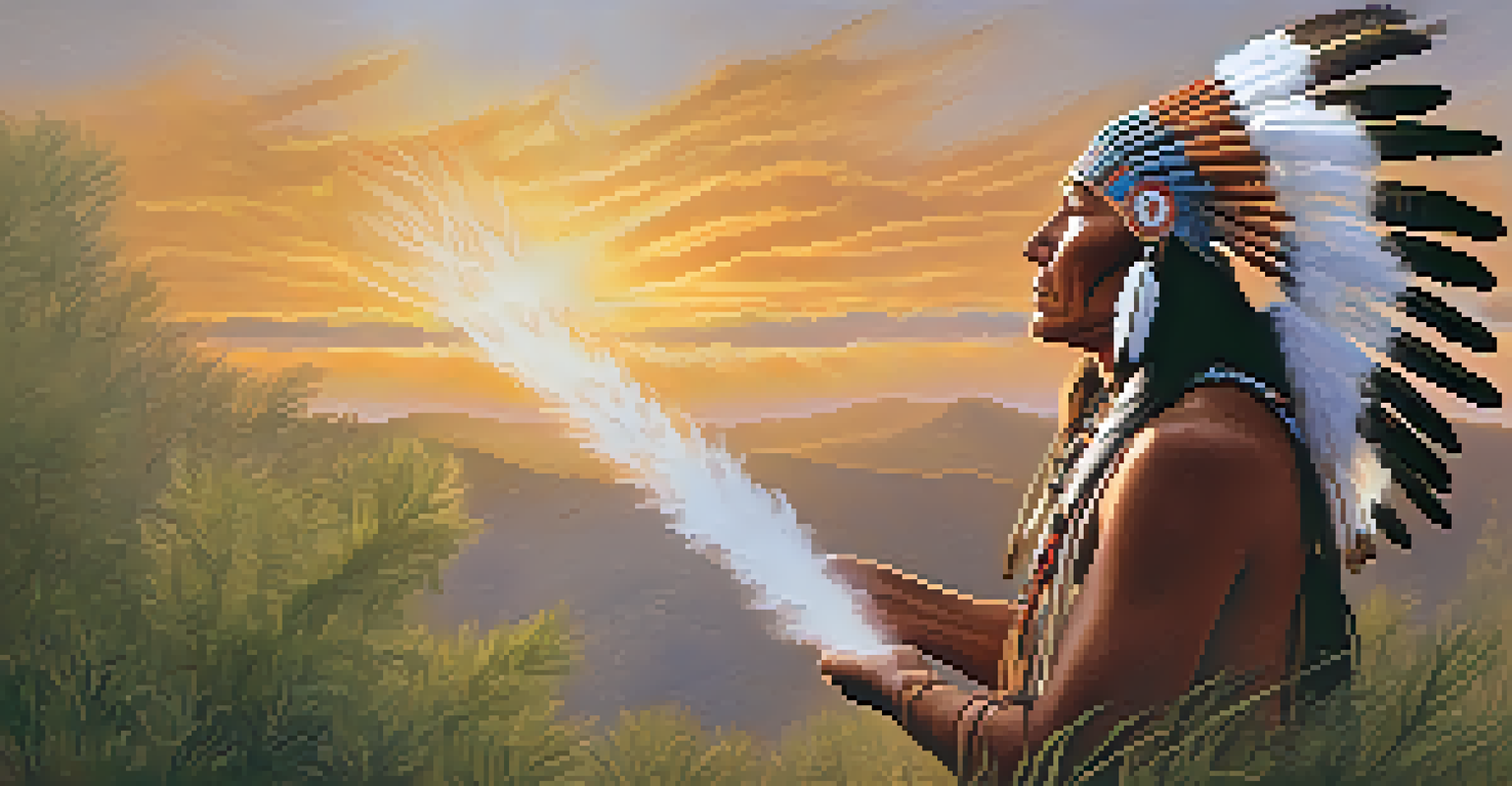 An outdoor Native American smudging ritual with burning sage surrounded by greenery and a warm sunset.