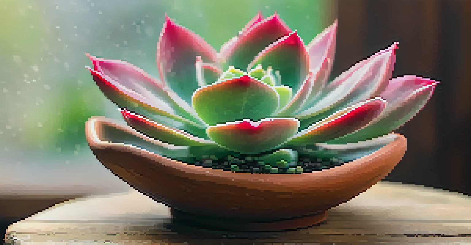 A close-up of a vibrant Echeveria succulent in a terracotta pot, with dew drops on its leaves, set against a softly blurred background of other succulents.