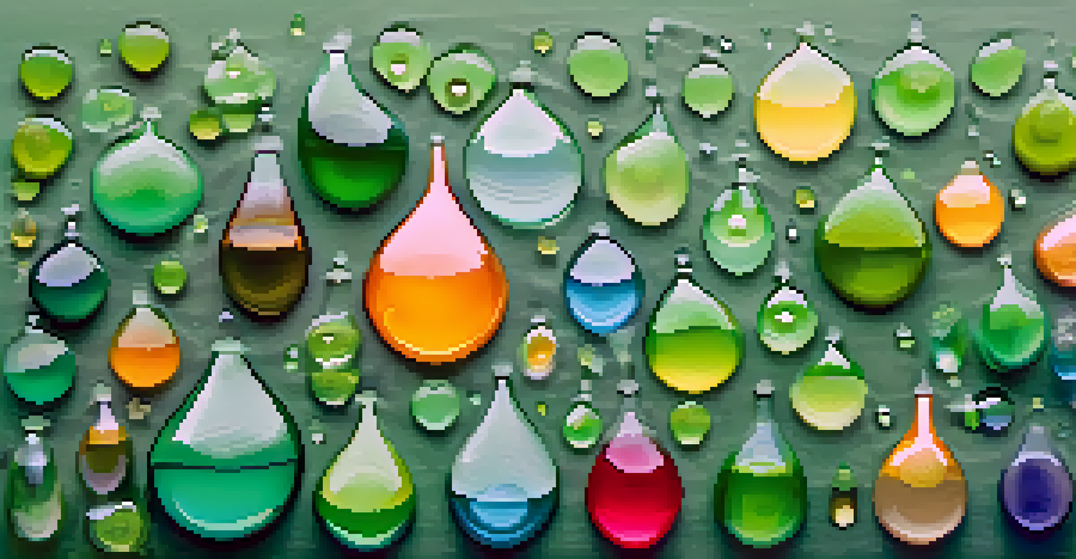 Colorful liquid droplets representing plant hormones with labels on a gradient green background.
