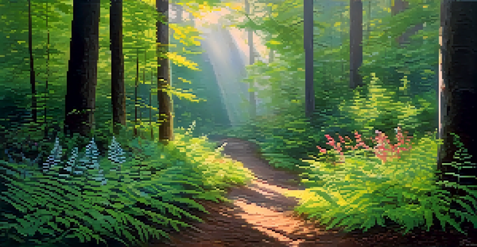 A peaceful forest scene with sunlight filtering through the leaves, a winding path, and blooming wildflowers.