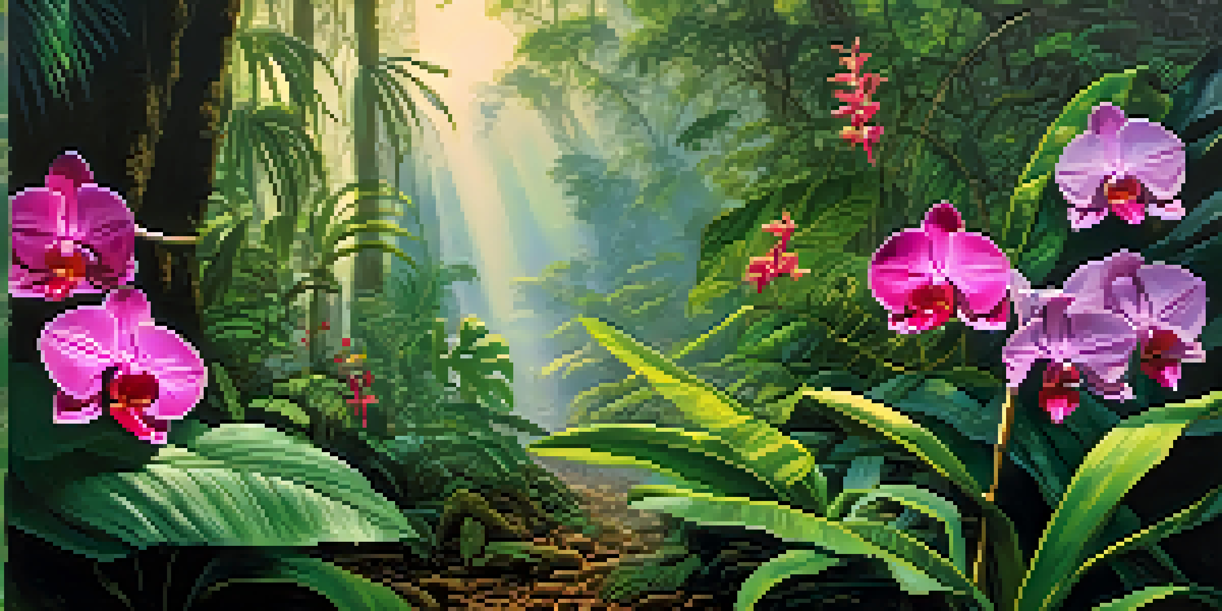 A lush tropical rainforest with sunlight filtering through the trees, highlighting colorful orchids and a variety of green plants on the forest floor.
