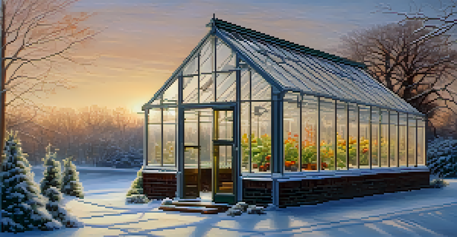 A winter scene featuring a greenhouse with snow on the roof and a warm glow visible inside, alongside a thermometer in the foreground.
