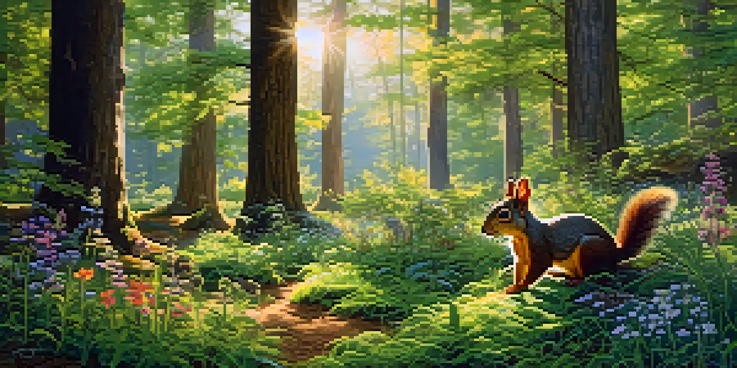 A serene forest filled with tall trees, bright wildflowers, and small animals, with sunlight filtering through the leaves.