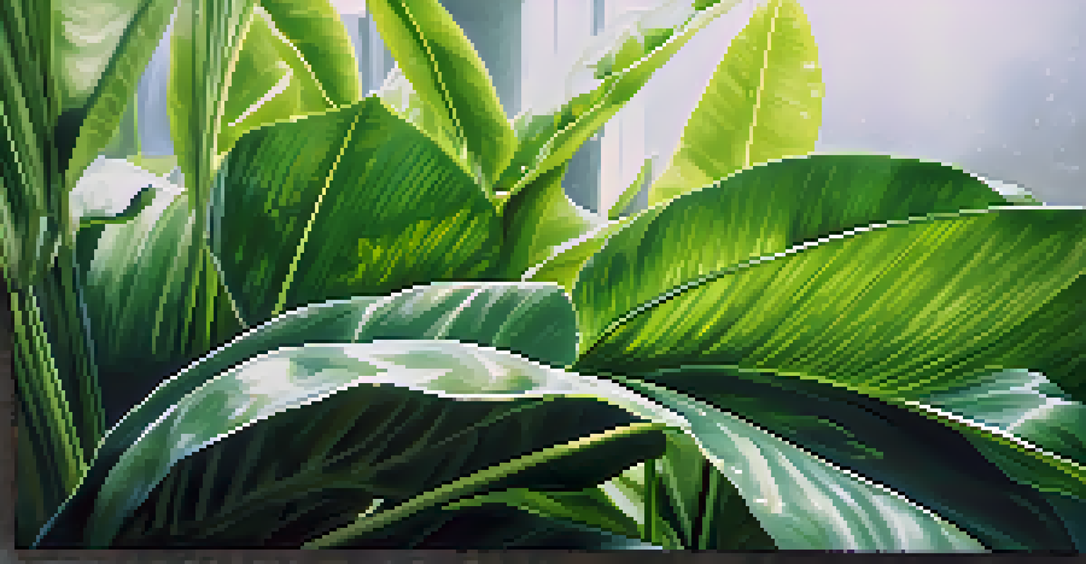 A close-up of a tropical plant with water droplets on glossy leaves, surrounded by mist.
