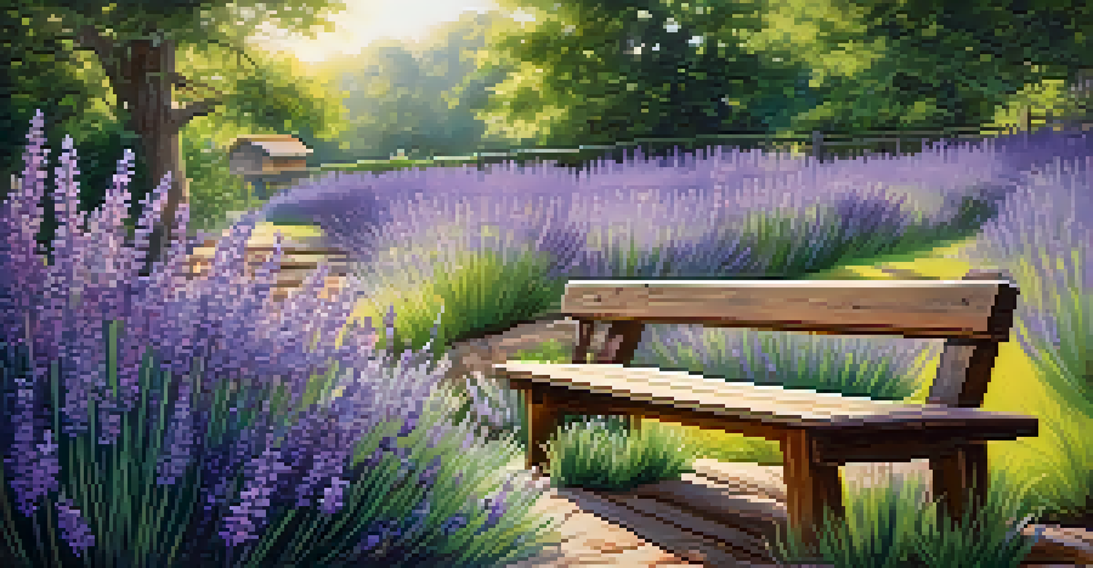A peaceful garden filled with lavender plants and bees under sunlight with a wooden bench.