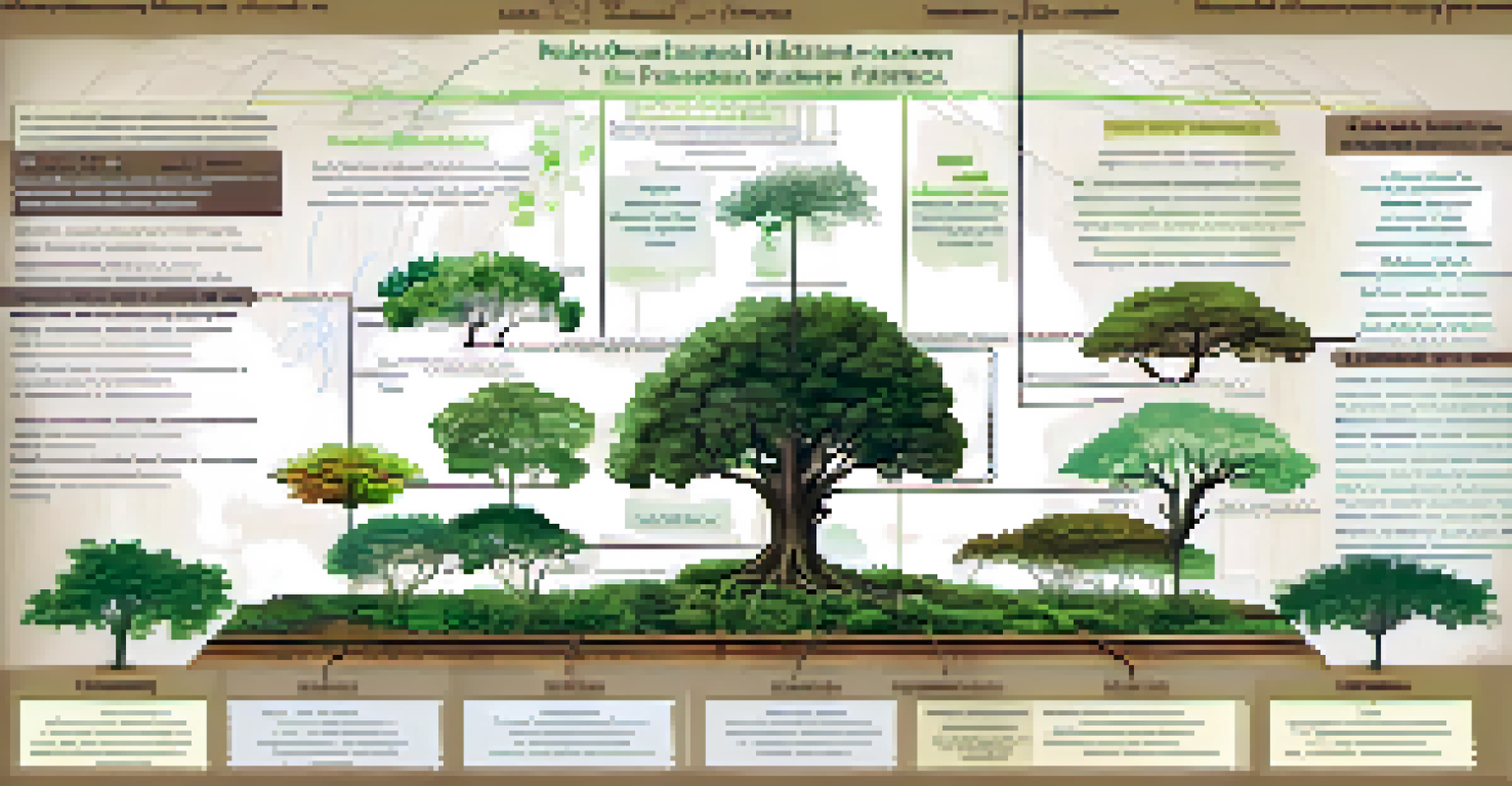 An educational infographic showing the hierarchical structure of plant taxonomy with a tree diagram and illustrations of plants.