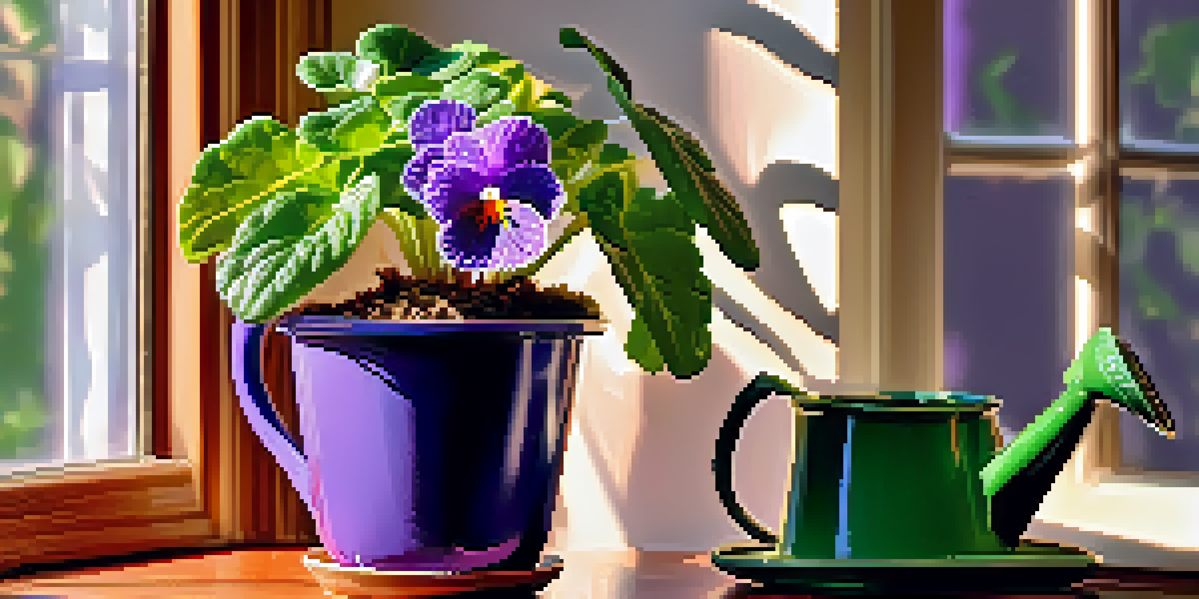 A bright indoor scene with an African violet on a windowsill, sunlight shining through sheer curtains.