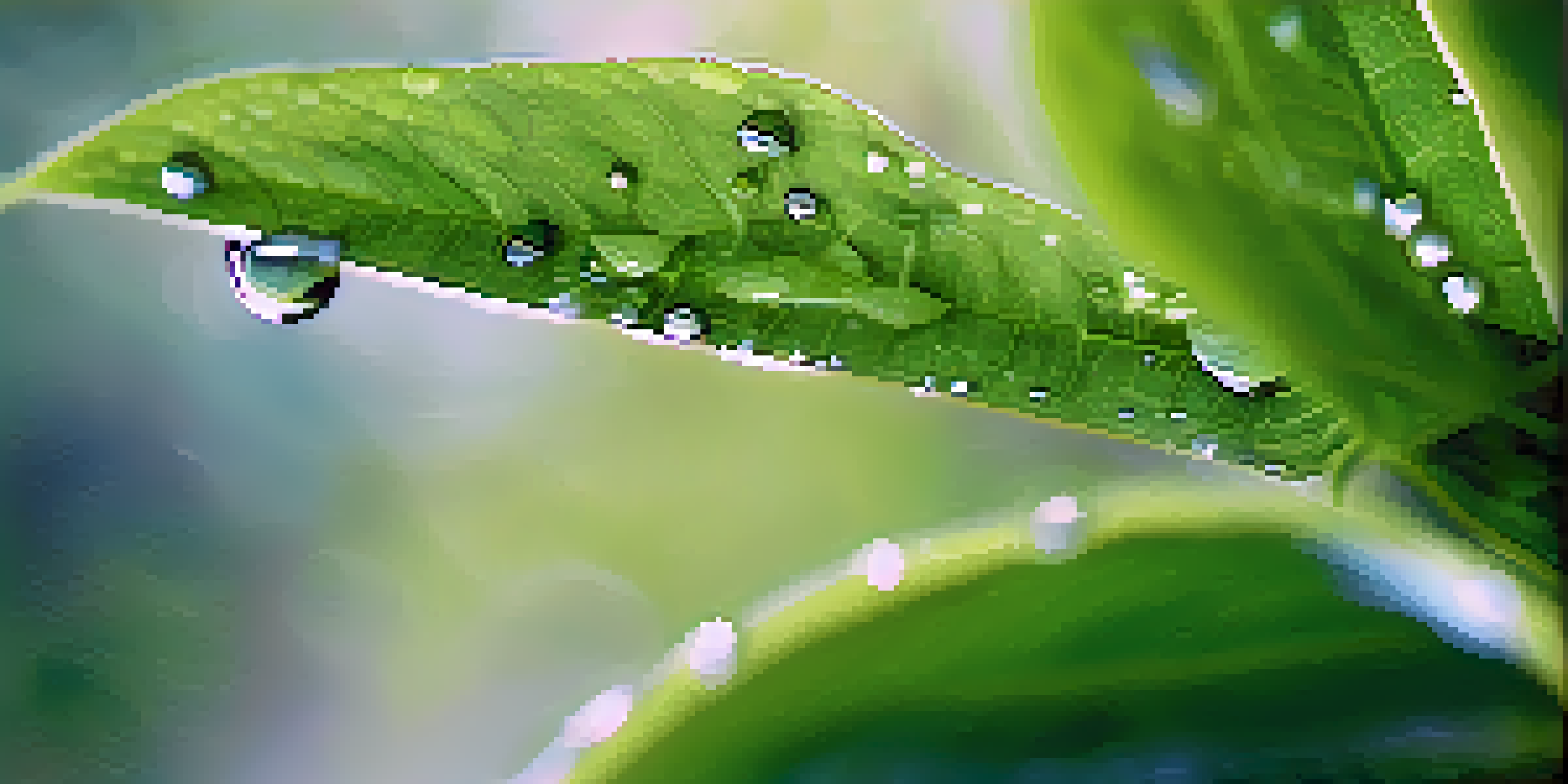 A healthy green plant with dew droplets on its leaves, illuminated by soft sunlight.